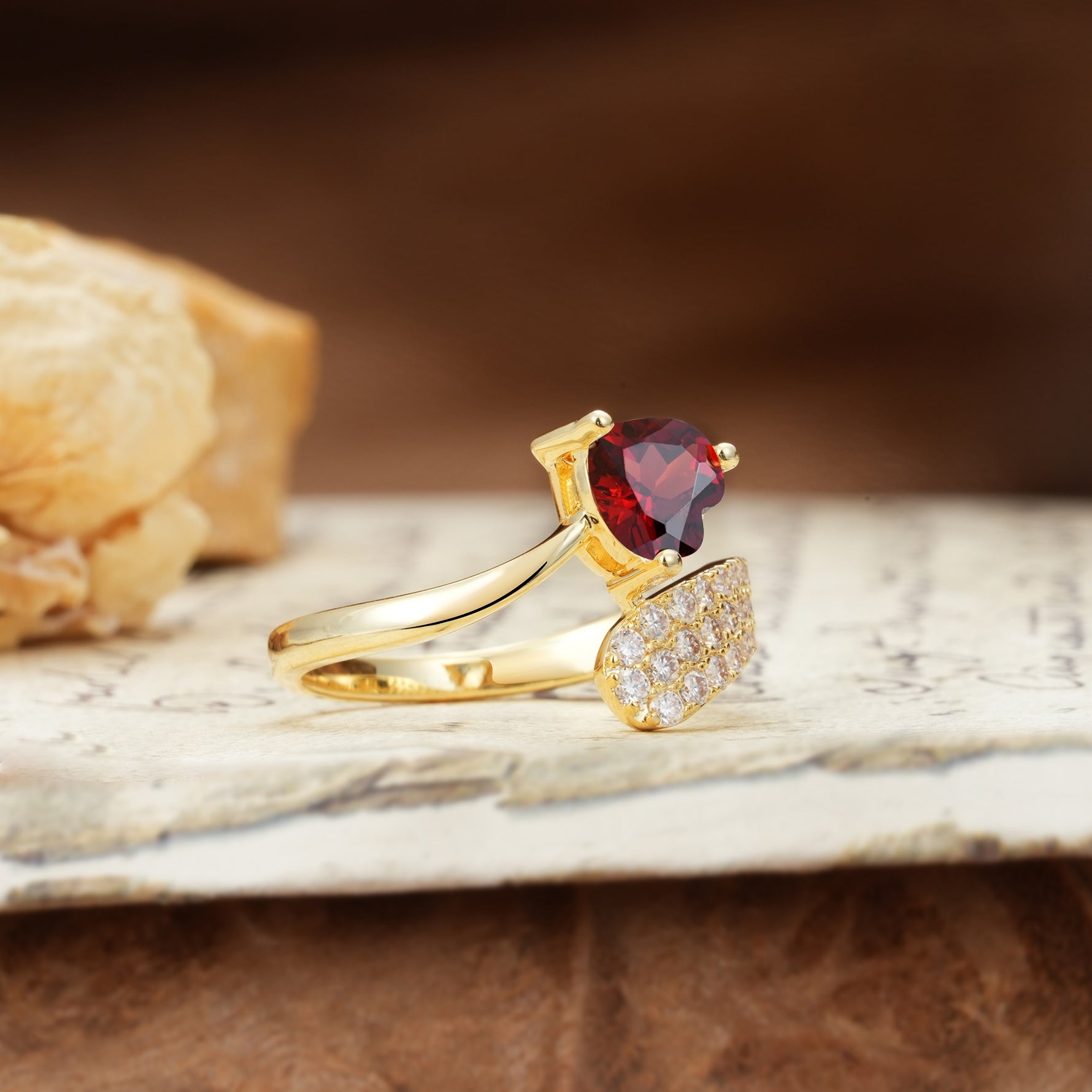 Unique & Luxurious Single-Row Pavé, 3-Prong, Heart-Cut Diamond Ring Garnet Engagement Ring - Additional view
