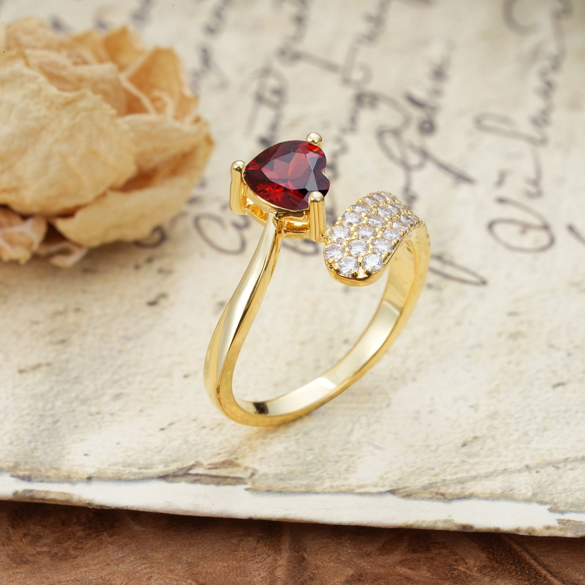 Unique & Luxurious Single-Row Pavé, 3-Prong, Heart-Cut Diamond Ring Garnet Engagement Ring - Additional view