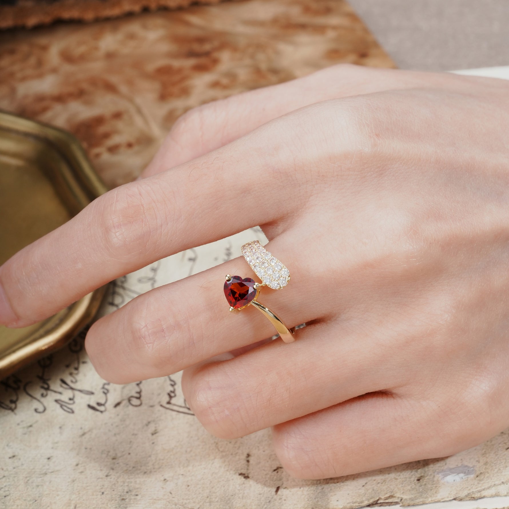 Unique & Luxurious Single-Row Pavé, 3-Prong, Heart-Cut Diamond Ring Garnet Engagement Ring - Additional view