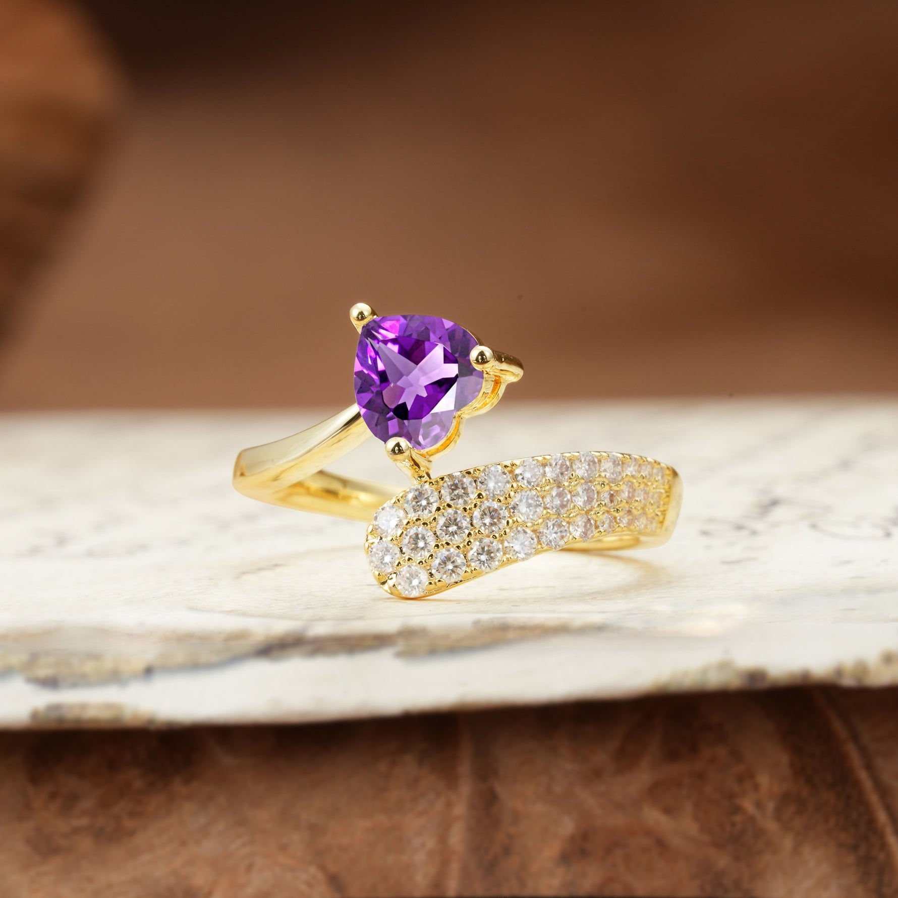 Unique & Luxurious Single-Row Pavé, 3-Prong, Heart-Cut Diamond Ring Amethyst Engagement Ring - Additional view