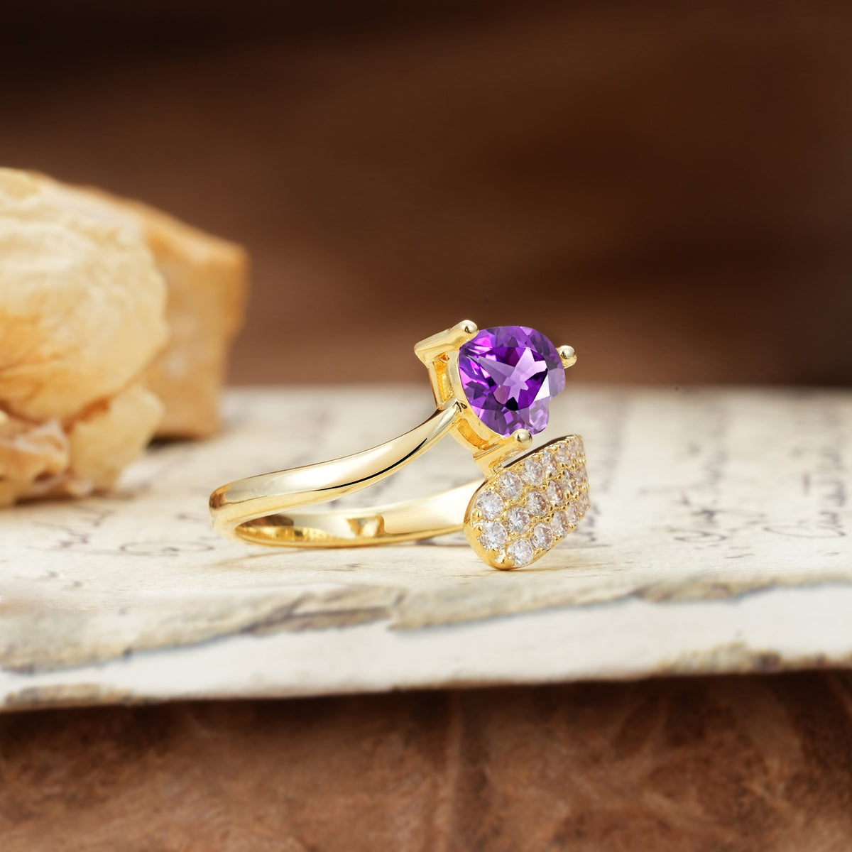Unique & Luxurious Single-Row Pavé, 3-Prong, Heart-Cut Diamond Ring Amethyst Engagement Ring - Additional view