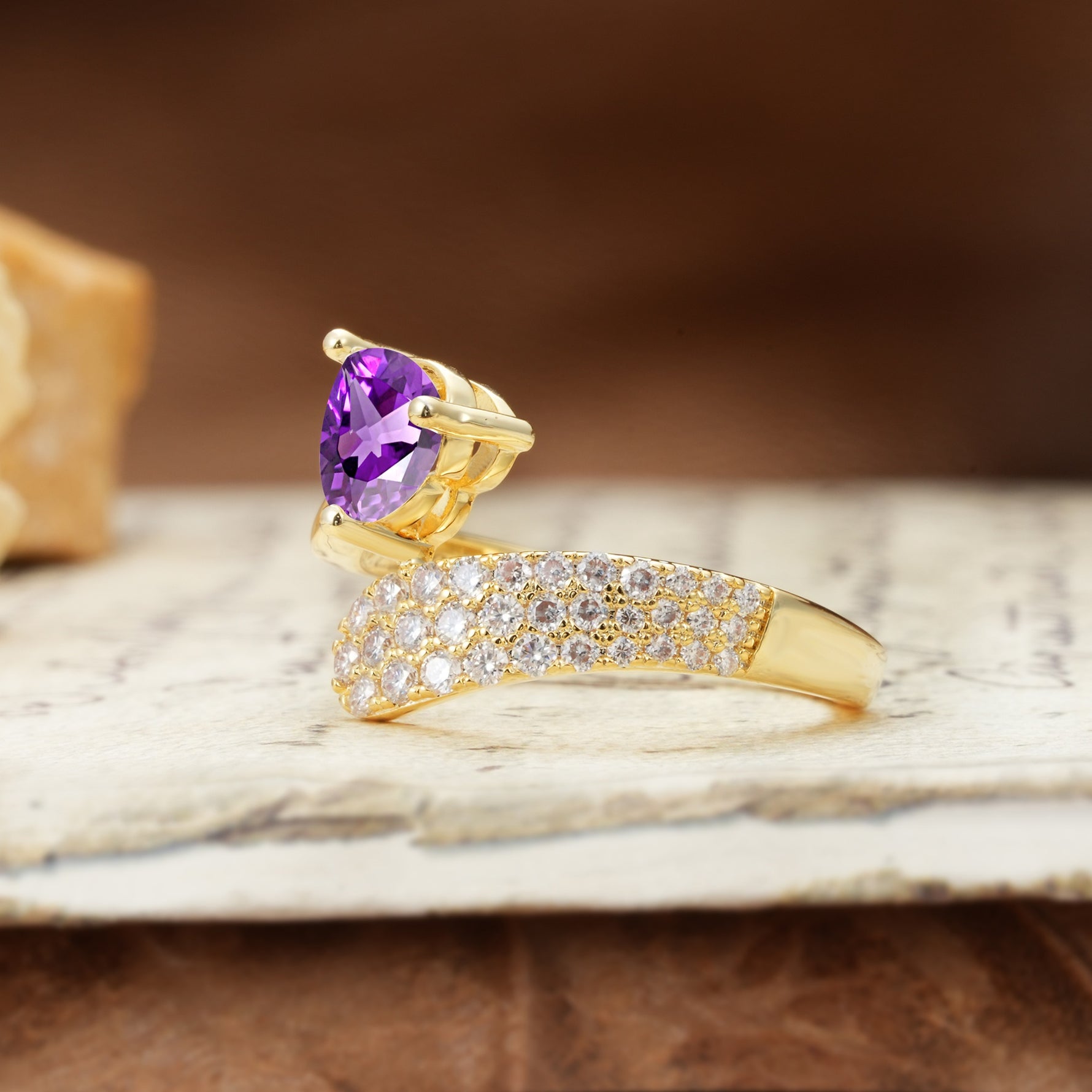 Unique & Luxurious Single-Row Pavé, 3-Prong, Heart-Cut Diamond Ring Amethyst Engagement Ring - Additional view