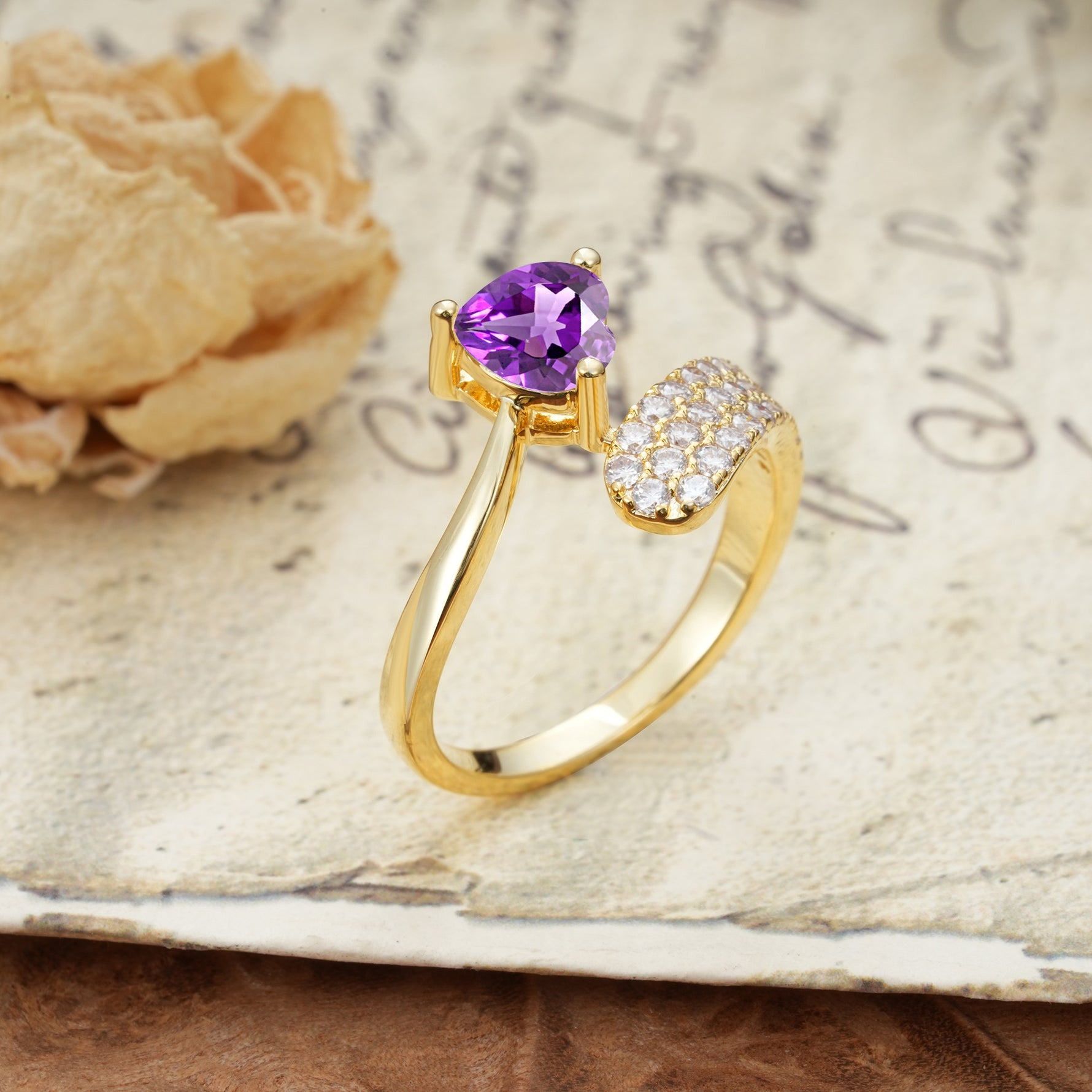 Unique & Luxurious Single-Row Pavé, 3-Prong, Heart-Cut Diamond Ring Amethyst Engagement Ring - Additional view