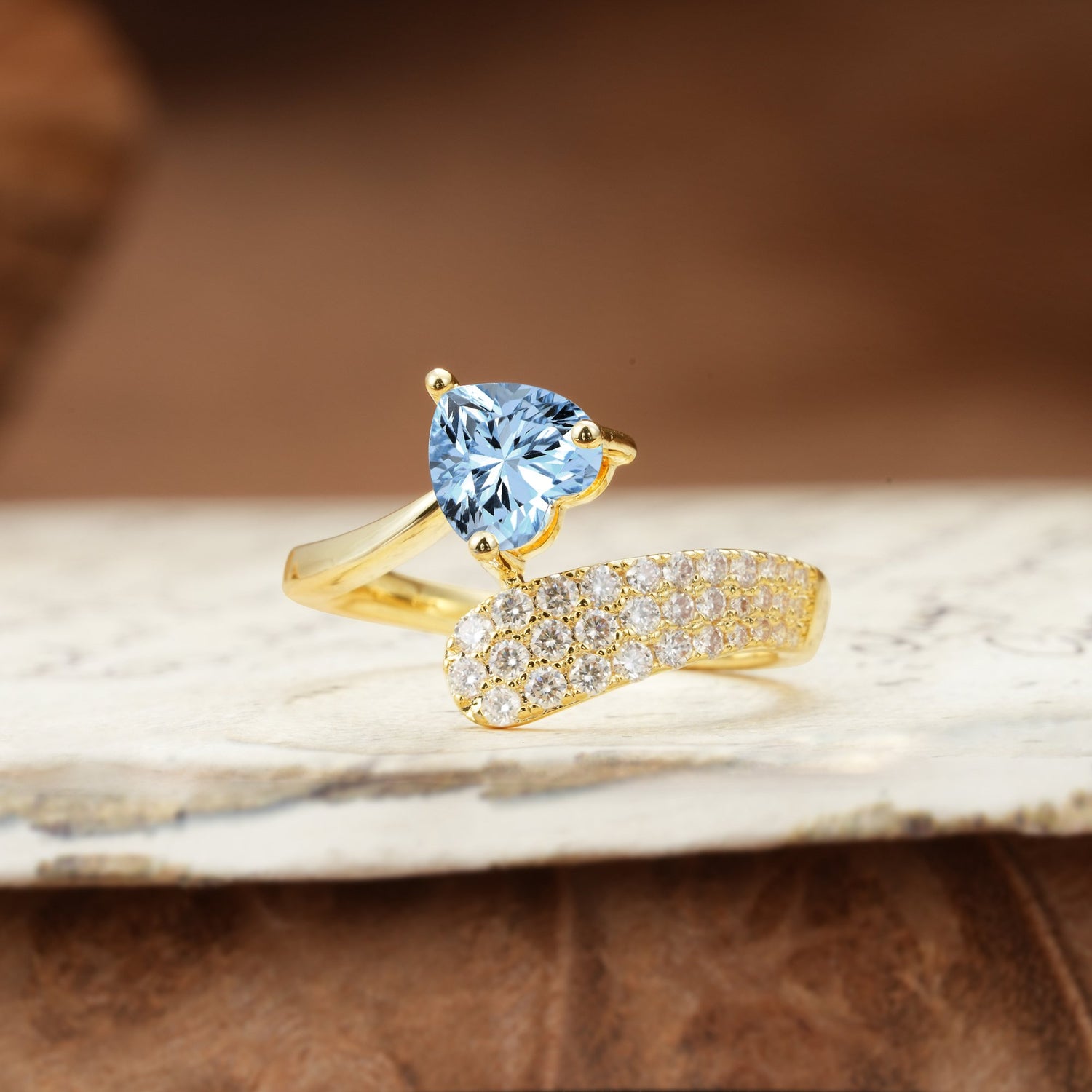Unique 3-Prong Heart Cut Aquamarine Engagement Ring
