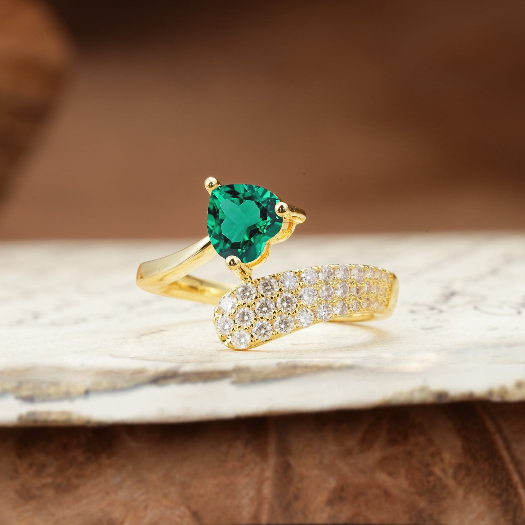 Unique & Luxurious Single-Row Pavé, 3-Prong, Heart-Cut Diamond Ring Emerald Engagement Ring - Additional view
