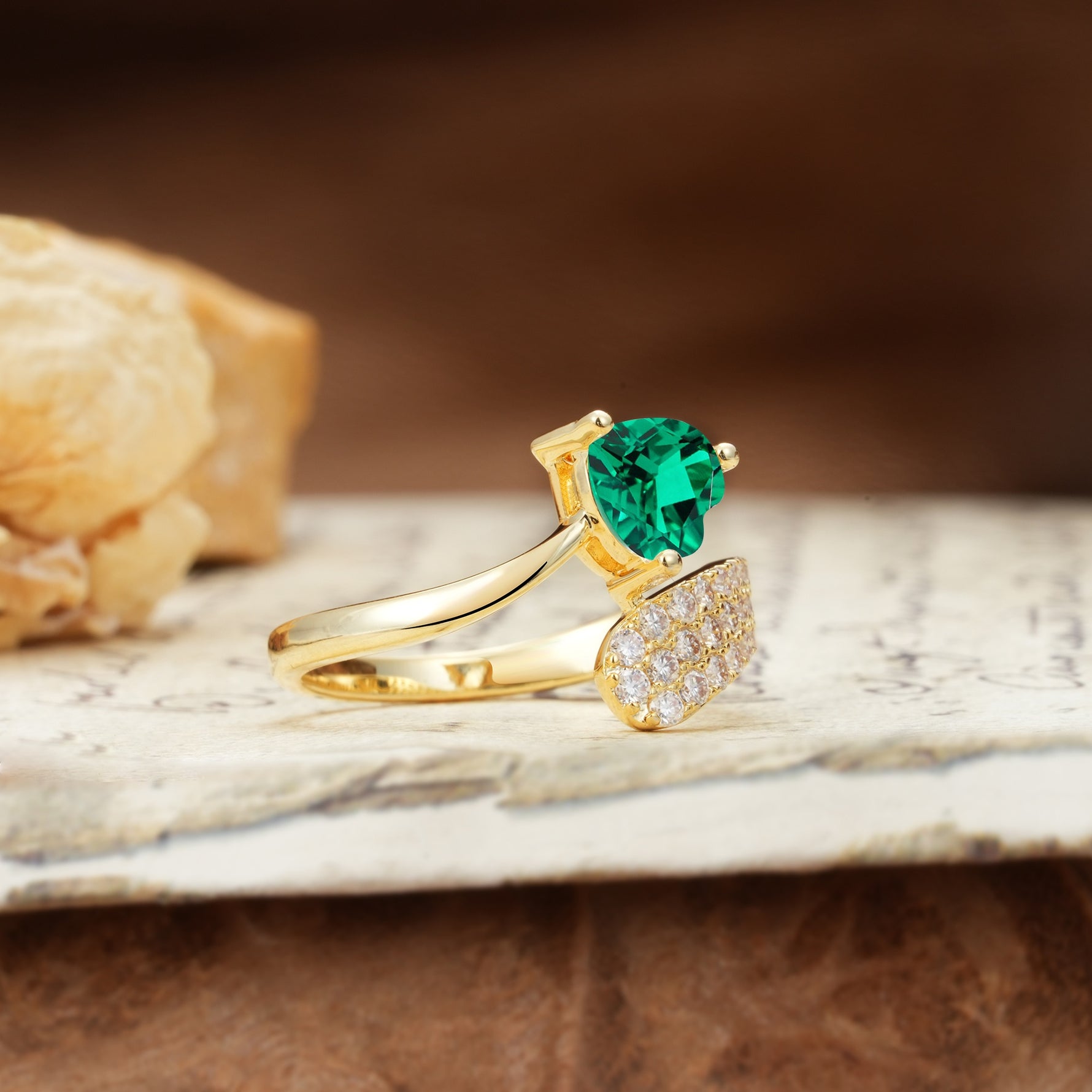 Unique & Luxurious Single-Row Pavé, 3-Prong, Heart-Cut Diamond Ring Emerald Engagement Ring - Additional view