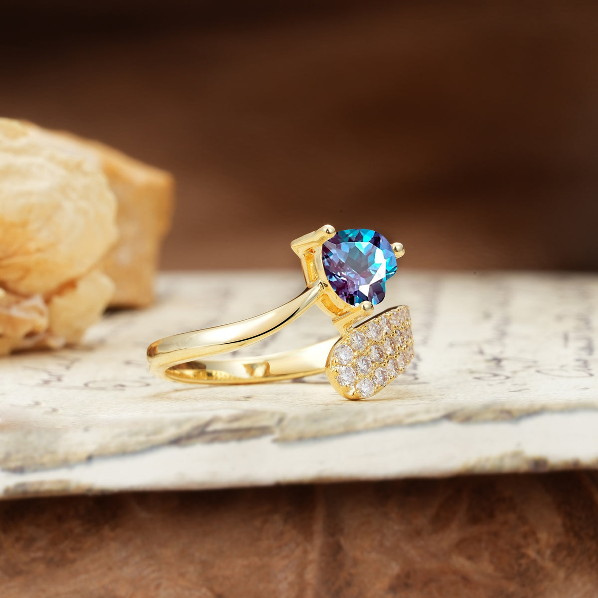Unique & Luxurious Single-Row Pavé, 3-Prong, Heart-Cut Diamond Ring Alexandrite Engagement Ring - Additional view