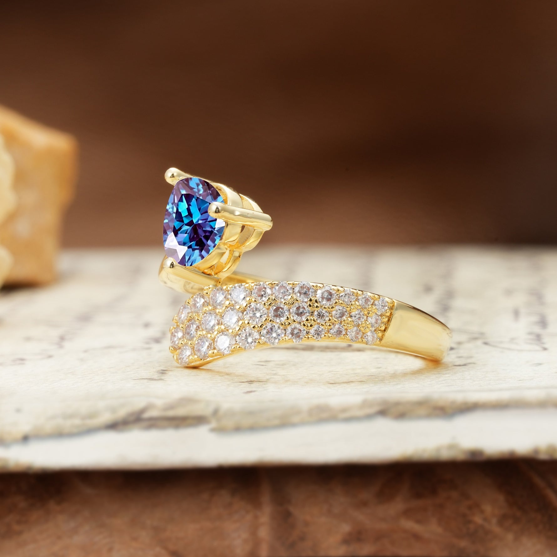 Unique & Luxurious Single-Row Pavé, 3-Prong, Heart-Cut Diamond Ring Alexandrite Engagement Ring - Additional view