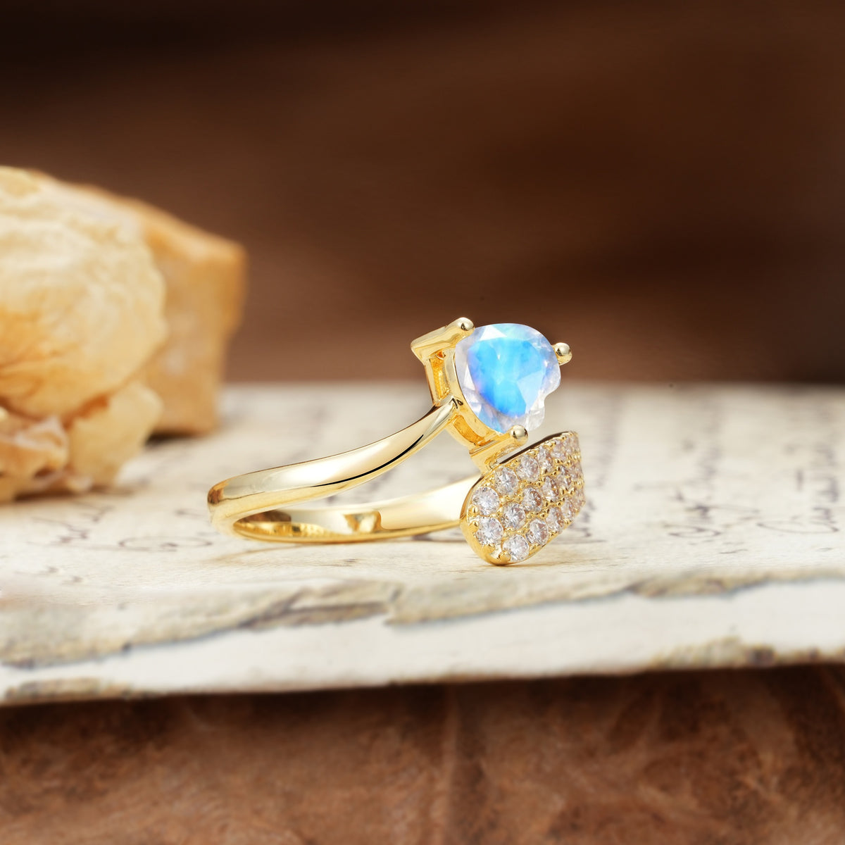 Unique & Luxurious Single-Row Pavé, 3-Prong, Heart-Cut Diamond Ring Moonstone Engagement Ring - Additional view