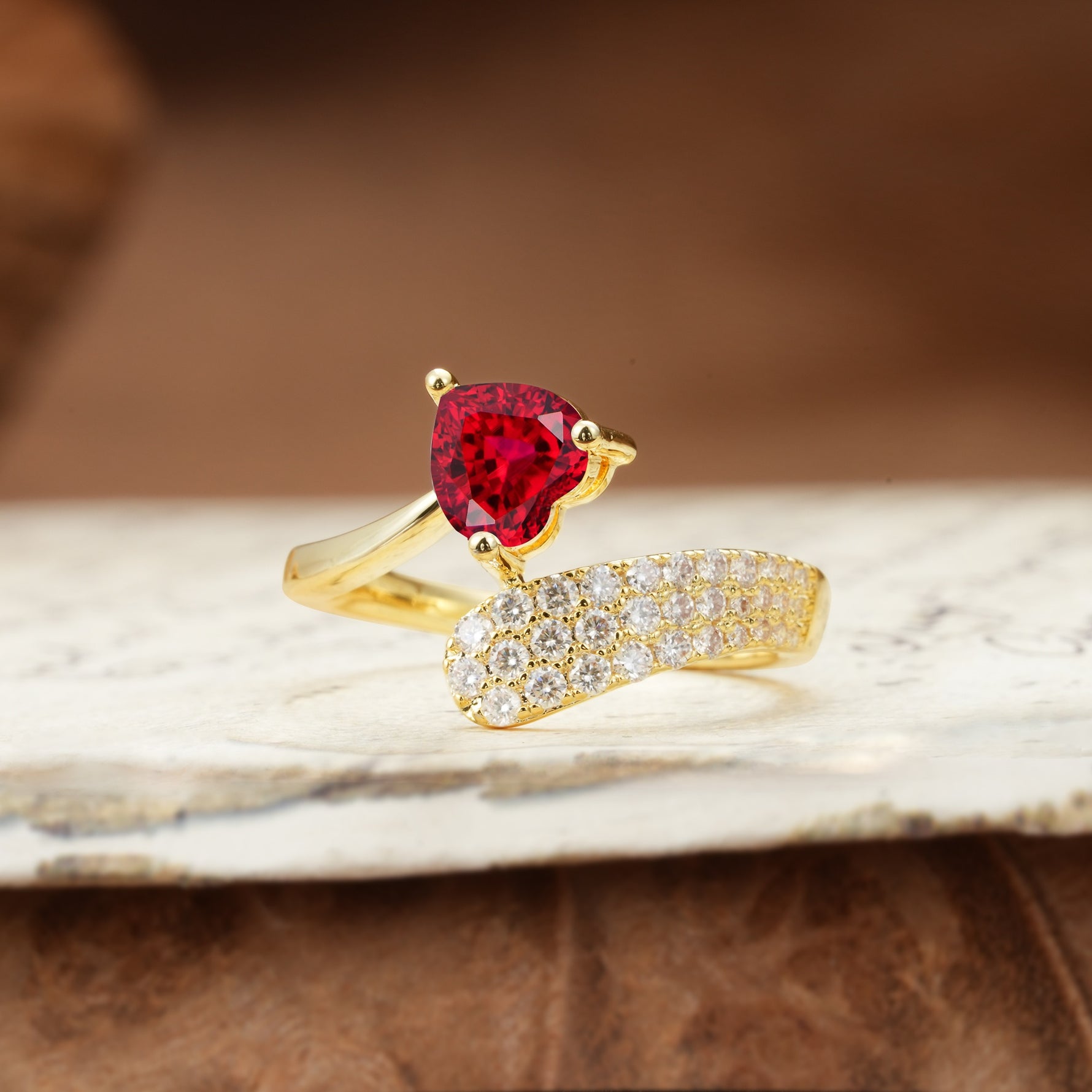 Unique & Luxurious Single-Row Pavé, 3-Prong, Heart-Cut Diamond Ring Ruby Engagement Ring - Additional view