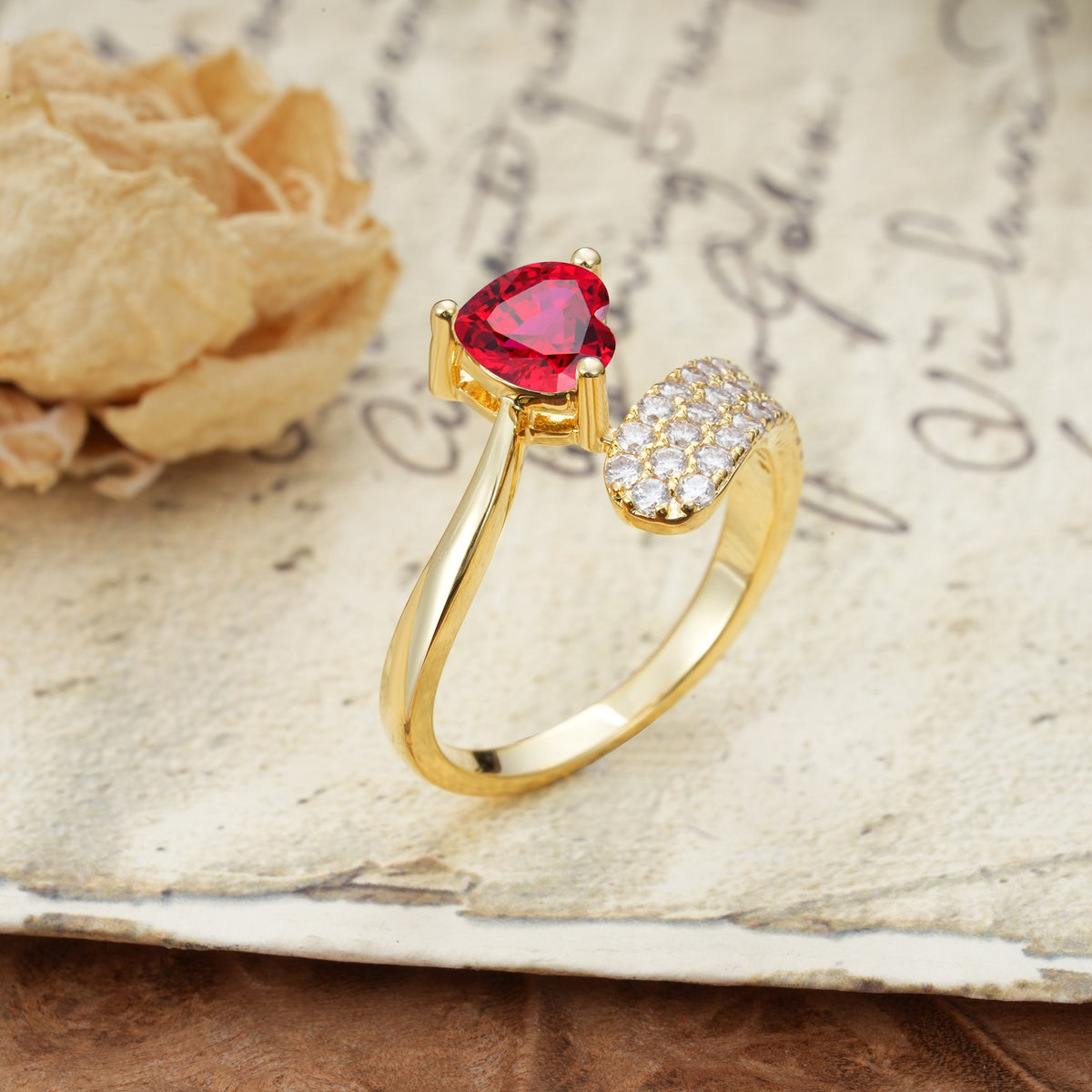 Unique & Luxurious Single-Row Pavé, 3-Prong, Heart-Cut Diamond Ring Ruby Engagement Ring - Additional view