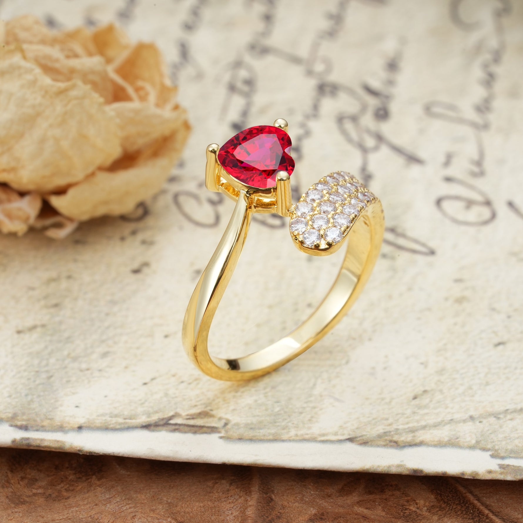 Unique & Luxurious Single-Row Pavé, 3-Prong, Heart-Cut Diamond Ring Ruby Engagement Ring - Additional view