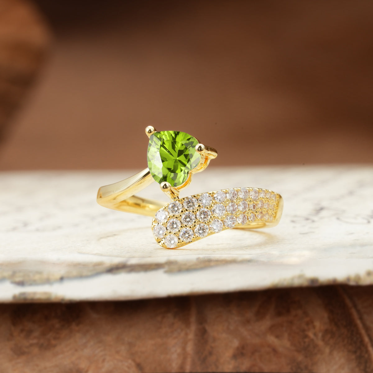Unique & Luxurious Single-Row Pavé, 3-Prong, Heart-Cut Diamond Ring Peridot Engagement Ring - Additional view
