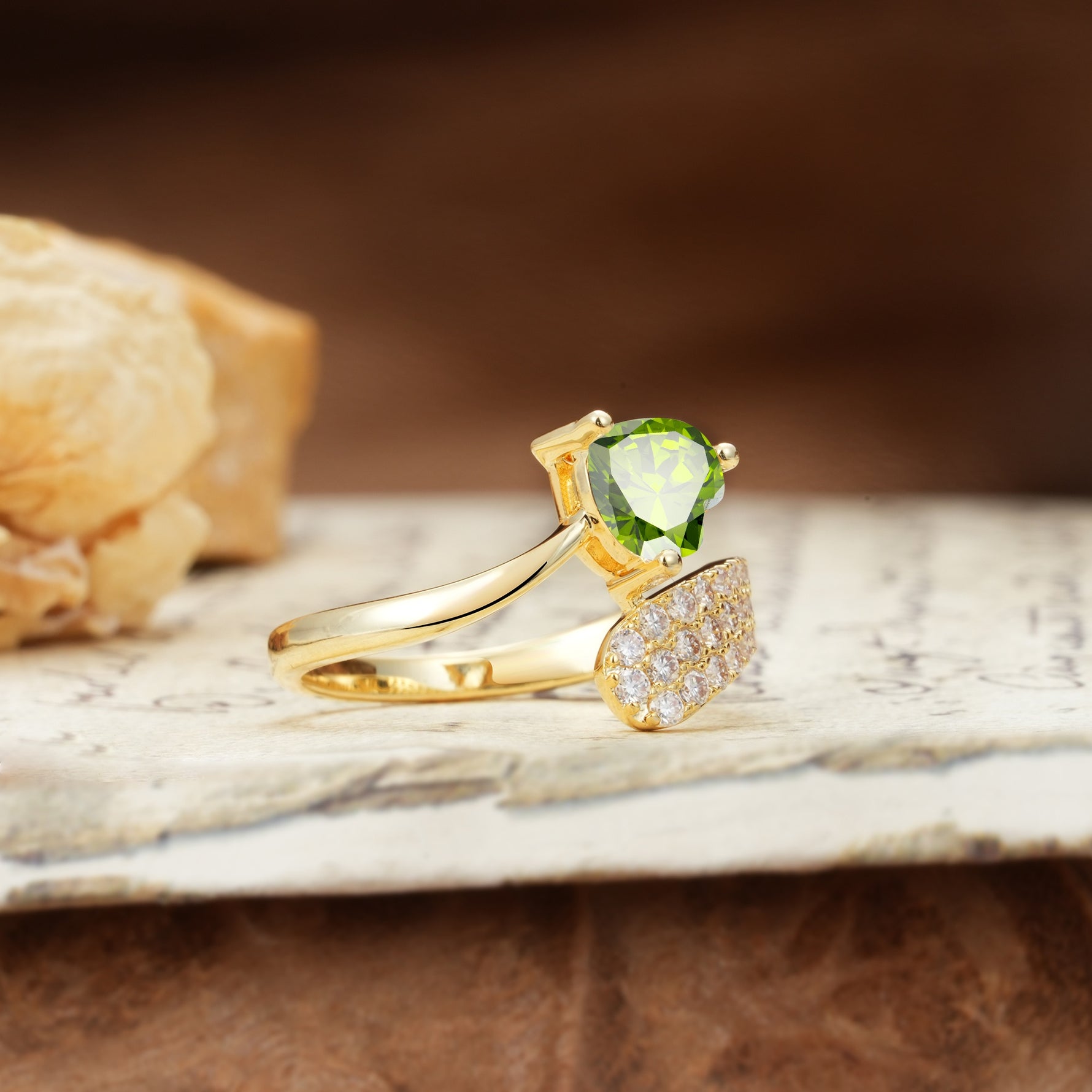 Unique & Luxurious Single-Row Pavé, 3-Prong, Heart-Cut Diamond Ring Peridot Engagement Ring - Additional view