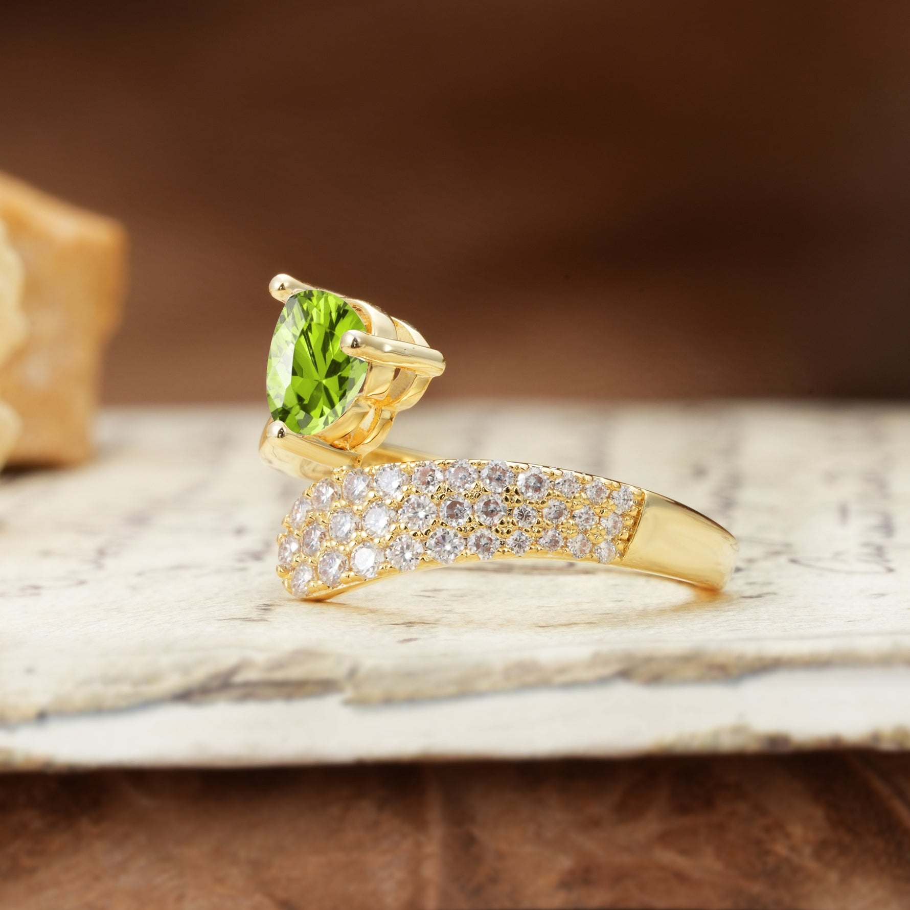 Unique & Luxurious Single-Row Pavé, 3-Prong, Heart-Cut Diamond Ring Peridot Engagement Ring - Additional view