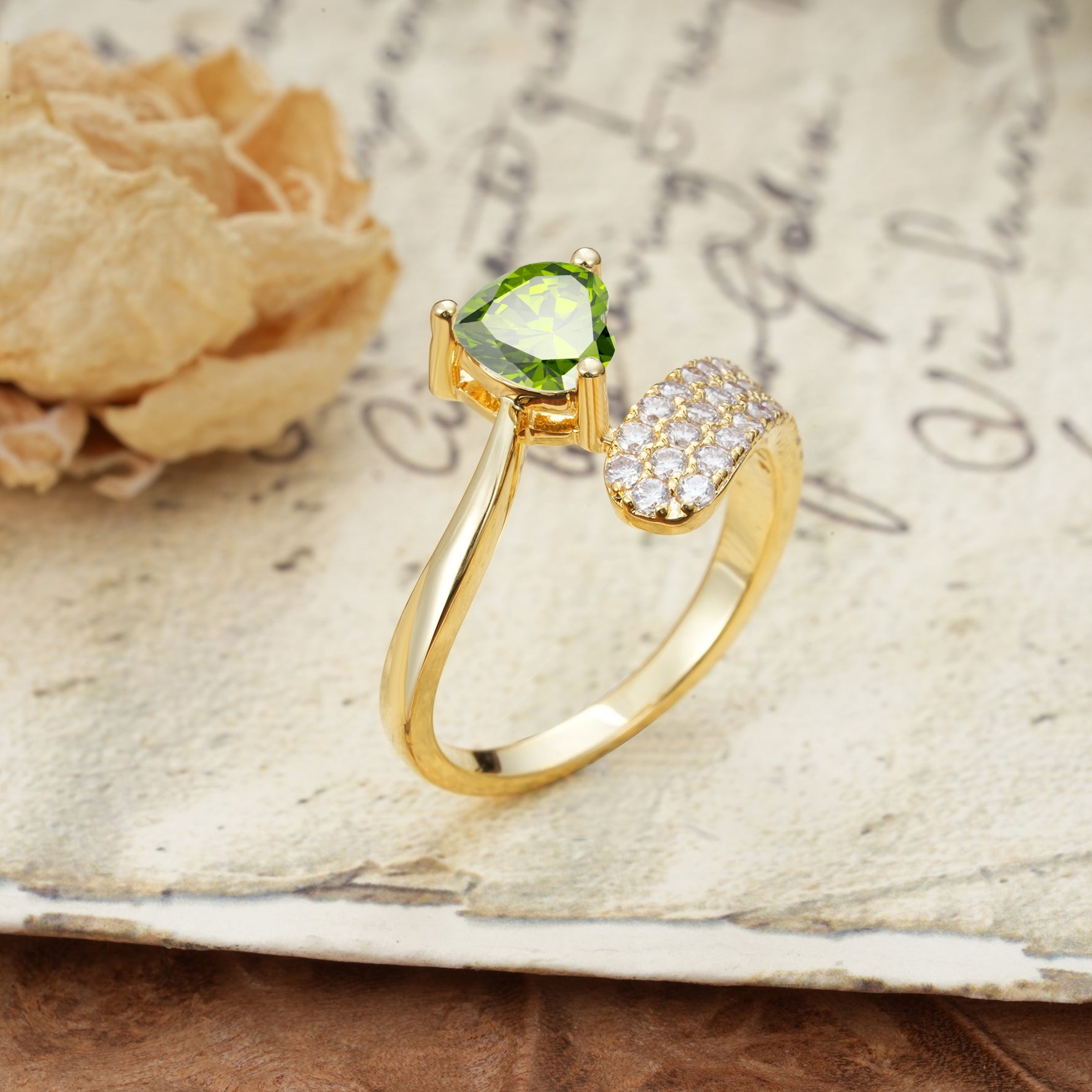 Unique & Luxurious Single-Row Pavé, 3-Prong, Heart-Cut Diamond Ring Peridot Engagement Ring - Additional view