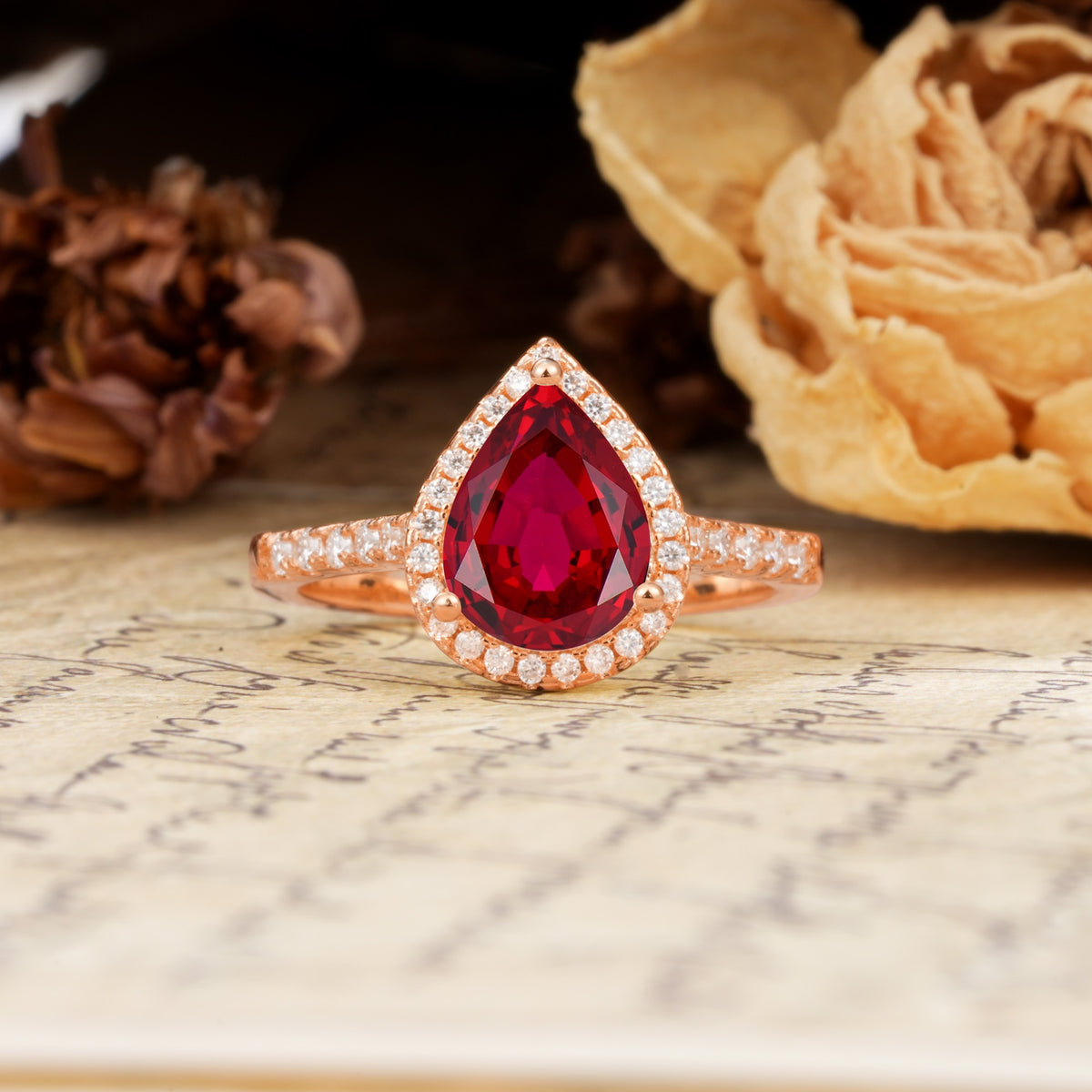 Vintage-Luxury 3-Prong Pear-Cut with Pavé Accents Ruby Engagement Ring - Additional view