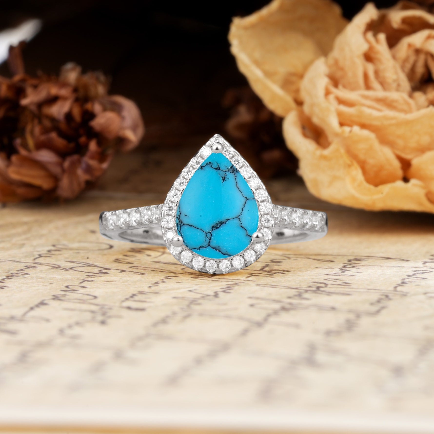 Vintage-Luxury 3-Prong Pear-Cut with Pavé Accents Turquoise Engagement Ring - Additional view