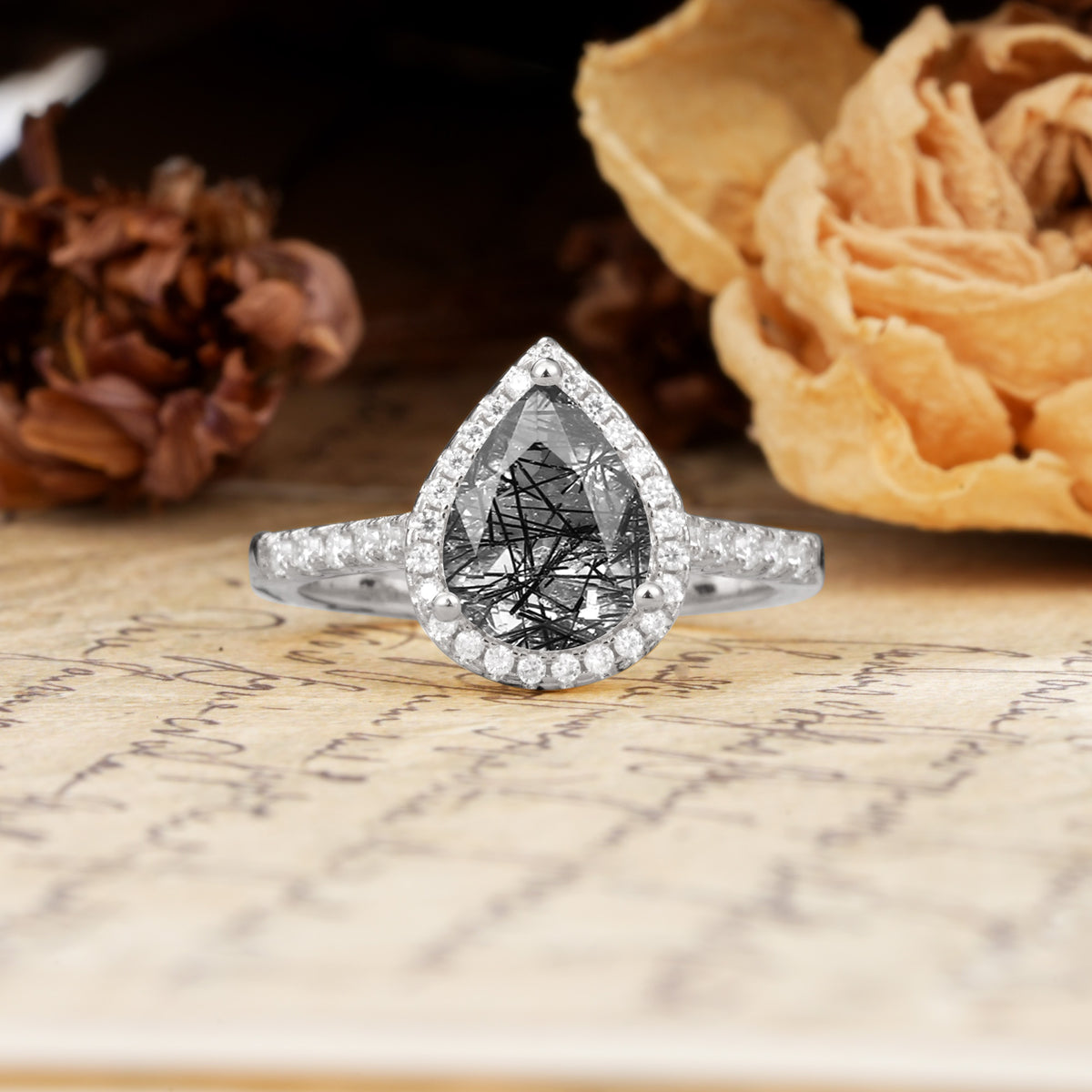 Vintage-Luxury 3-Prong Pear-Cut with Pavé Accents Black Rutilated Quartz Engagement Ring - Additional view