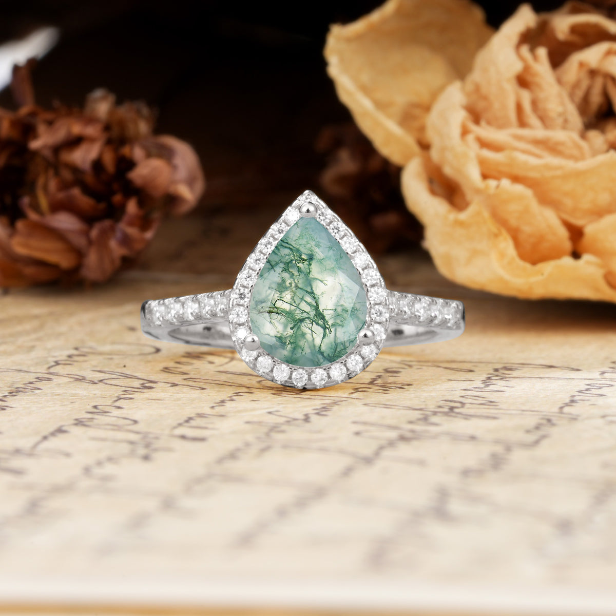 Vintage-Luxury 3-Prong Pear-Cut with Pavé Accents Moss Agate Engagement Ring - Additional view