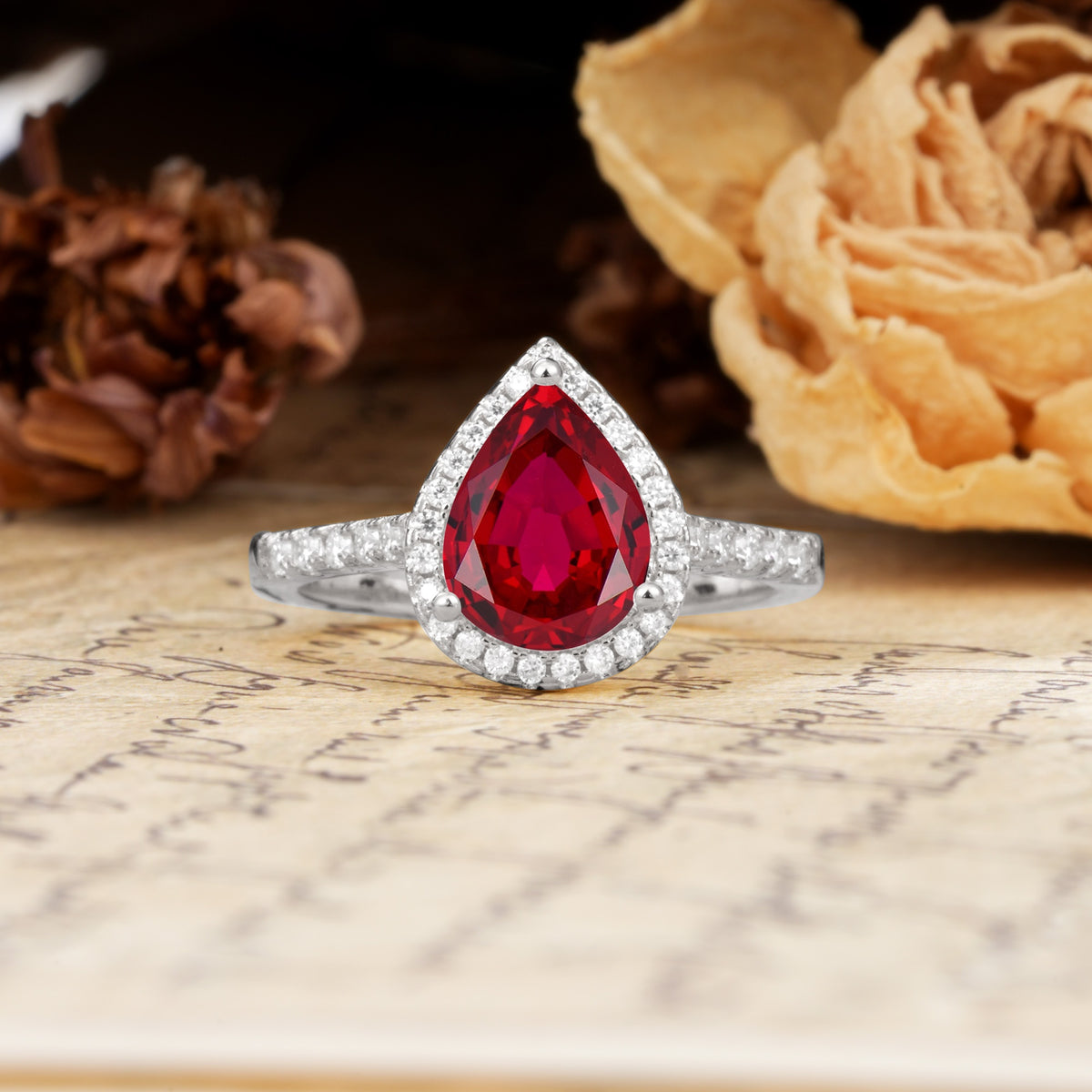 Vintage-Luxury 3-Prong Pear-Cut with Pavé Accents Ruby Engagement Ring - Additional view