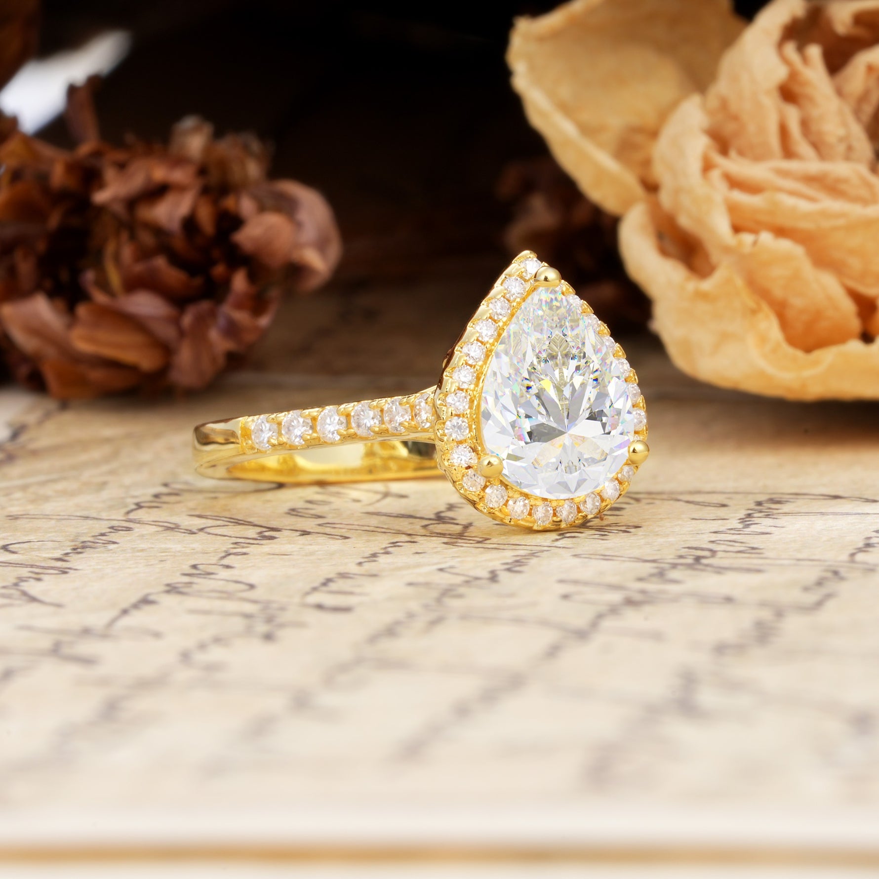 Vintage-Luxury 3-Prong Pear-Cut with Pavé Accents Moissanite Engagement Ring - Additional view
