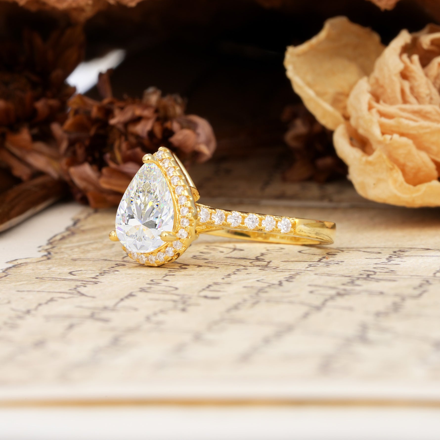 Vintage-Luxury 3-Prong Pear-Cut with Pavé Accents Moissanite Engagement Ring - Additional view