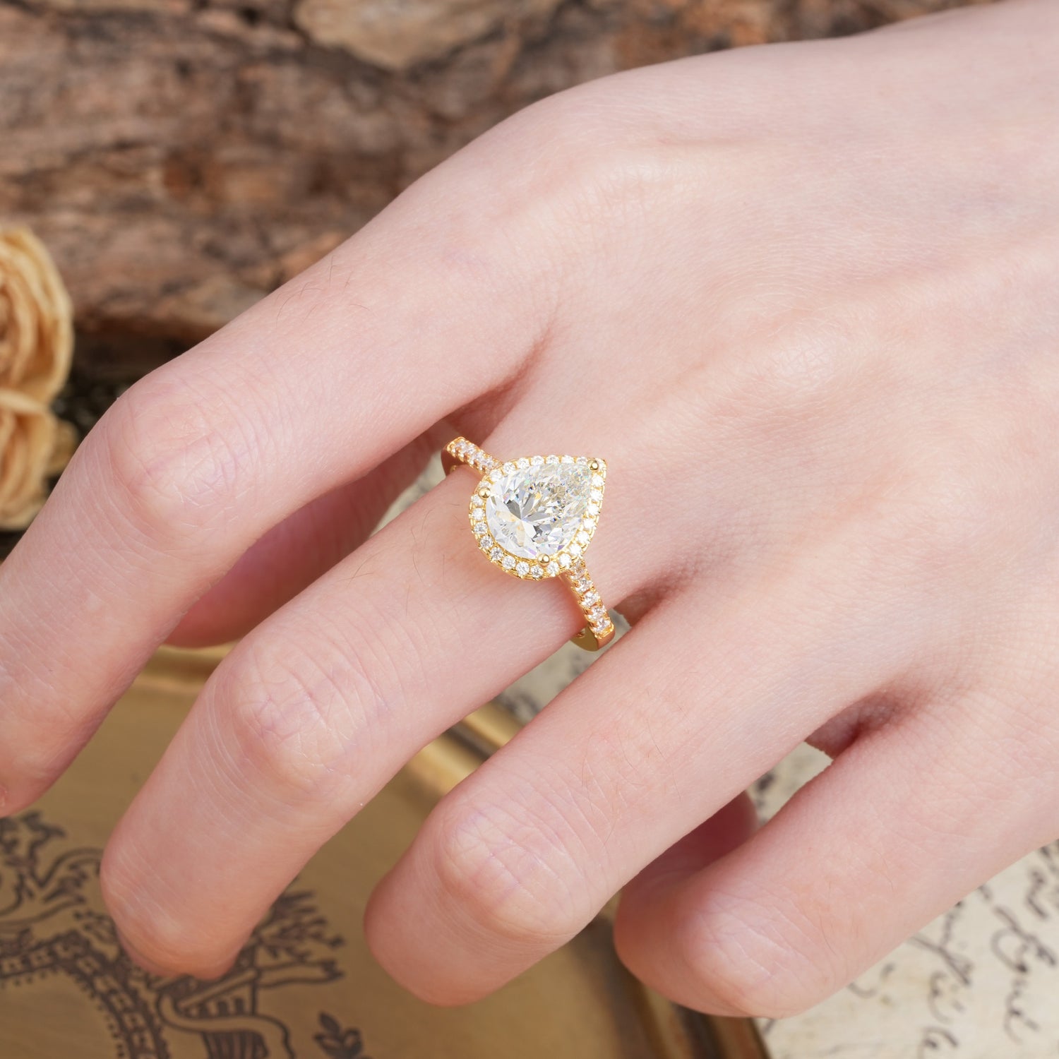 Vintage-Luxury 3-Prong Pear-Cut with Pavé Accents Moissanite Engagement Ring - Additional view