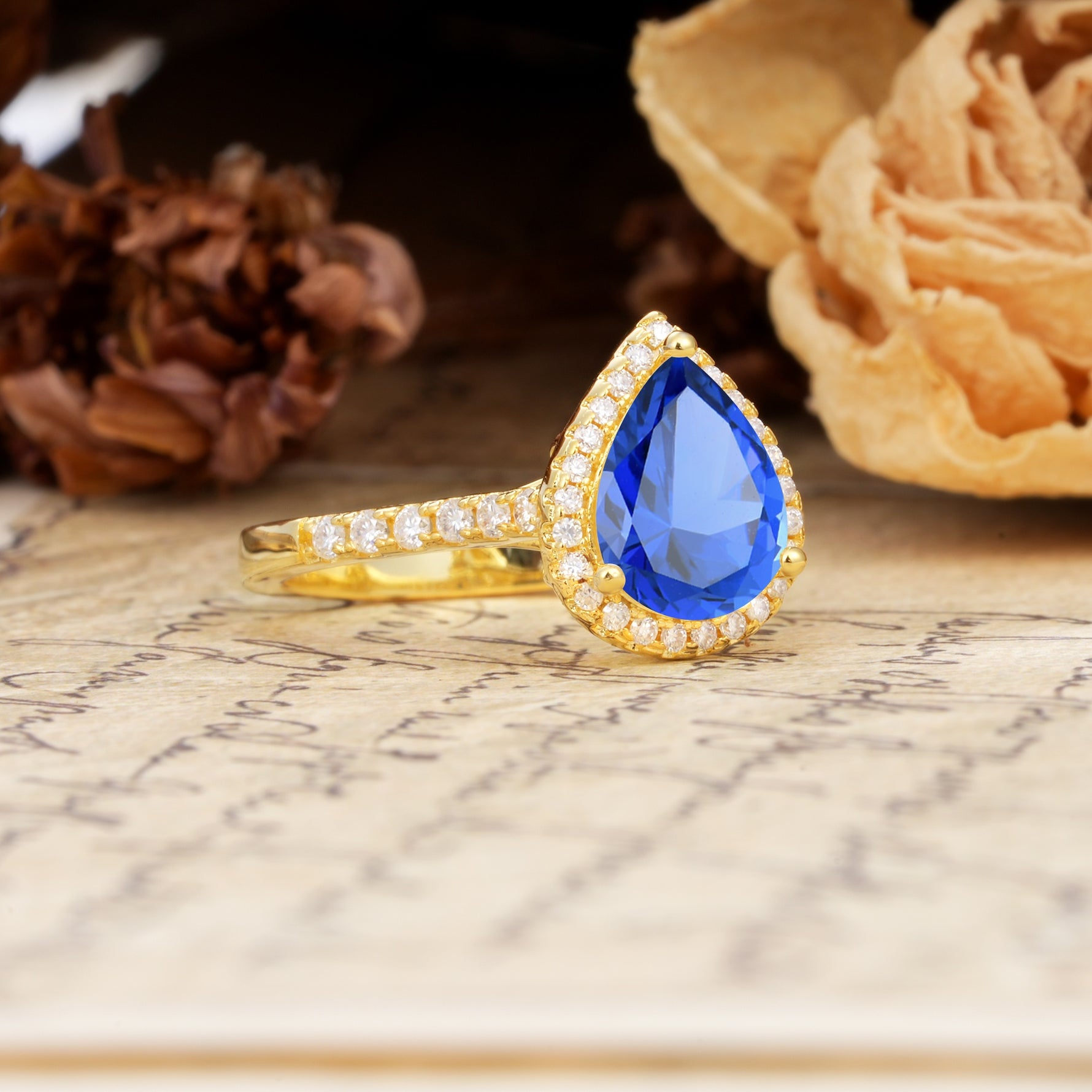 Vintage-Luxury 3-Prong Pear-Cut with Pavé Accents Sapphire Engagement Ring - Additional view