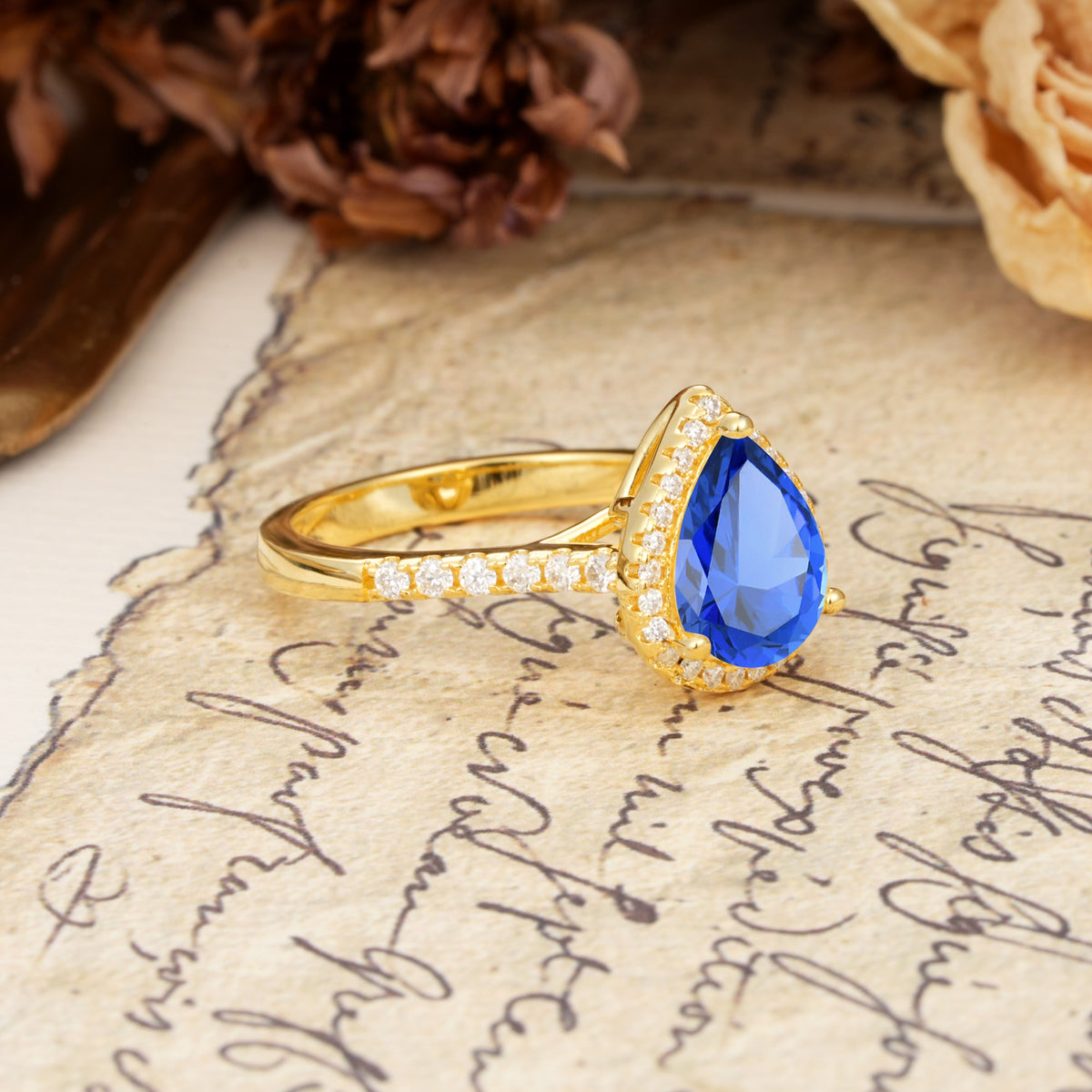 Vintage-Luxury 3-Prong Pear-Cut with Pavé Accents Sapphire Engagement Ring - Additional view