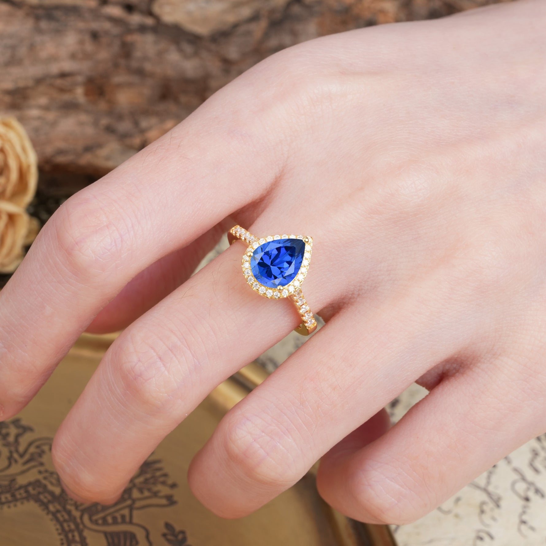 Vintage-Luxury 3-Prong Pear-Cut with Pavé Accents Sapphire Engagement Ring - Additional view