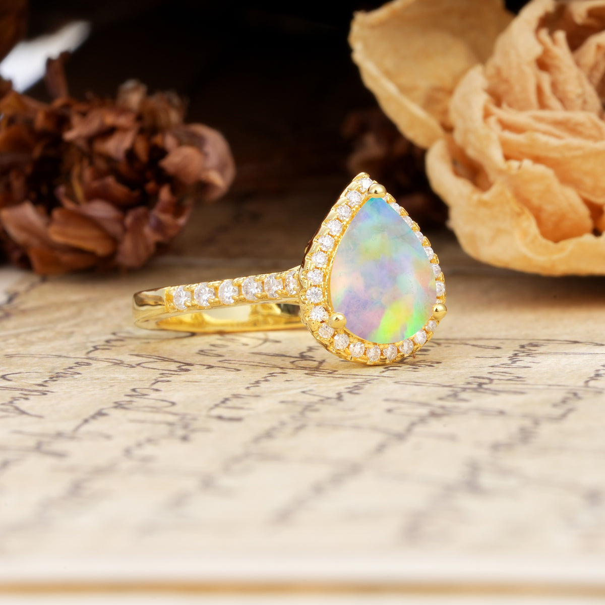 Vintage-Luxury 3-Prong Pear-Cut with Pavé Accents Fire Opal Engagement Ring - Additional view