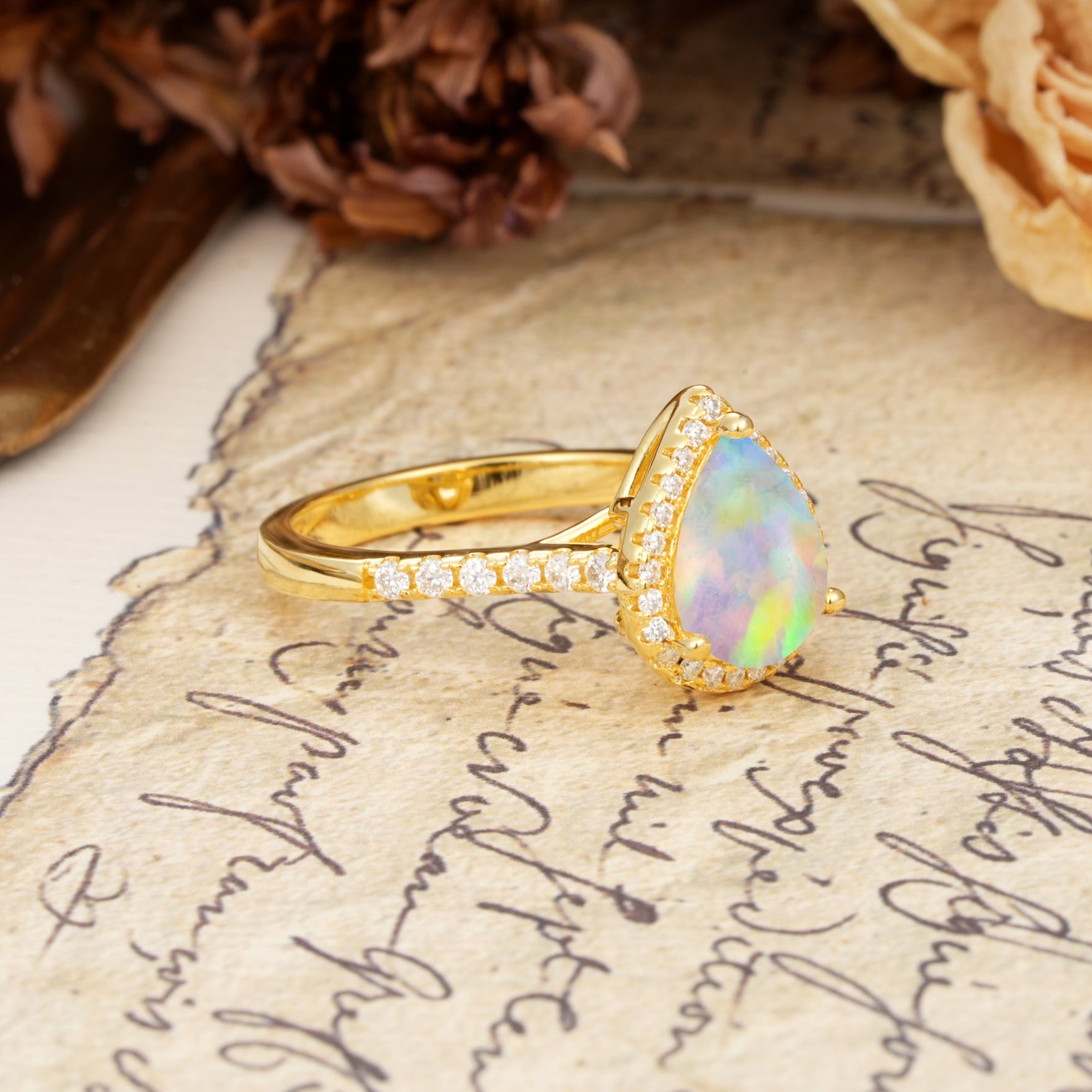 Vintage-Luxury 3-Prong Pear-Cut with Pavé Accents Fire Opal Engagement Ring - Additional view