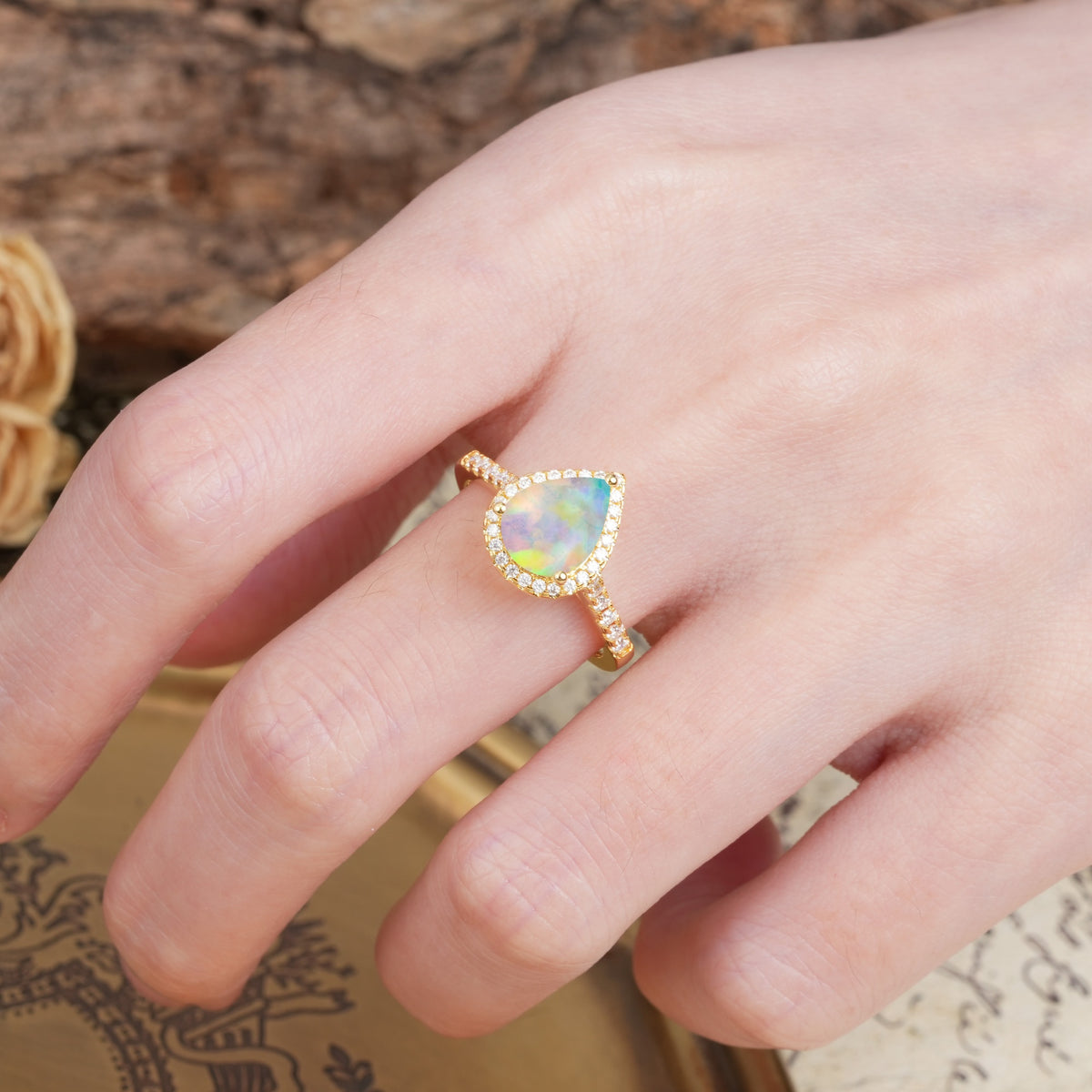 Vintage-Luxury 3-Prong Pear-Cut with Pavé Accents Fire Opal Engagement Ring - Additional view