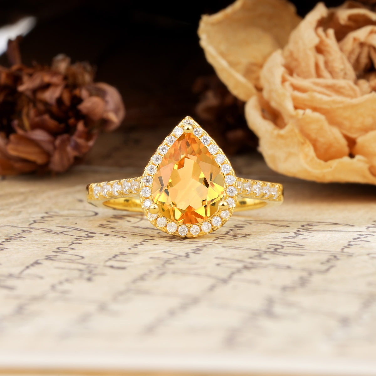 Vintage-Luxury 3-Prong Pear-Cut with Pavé Accents Citrine Engagement Ring - Additional view
