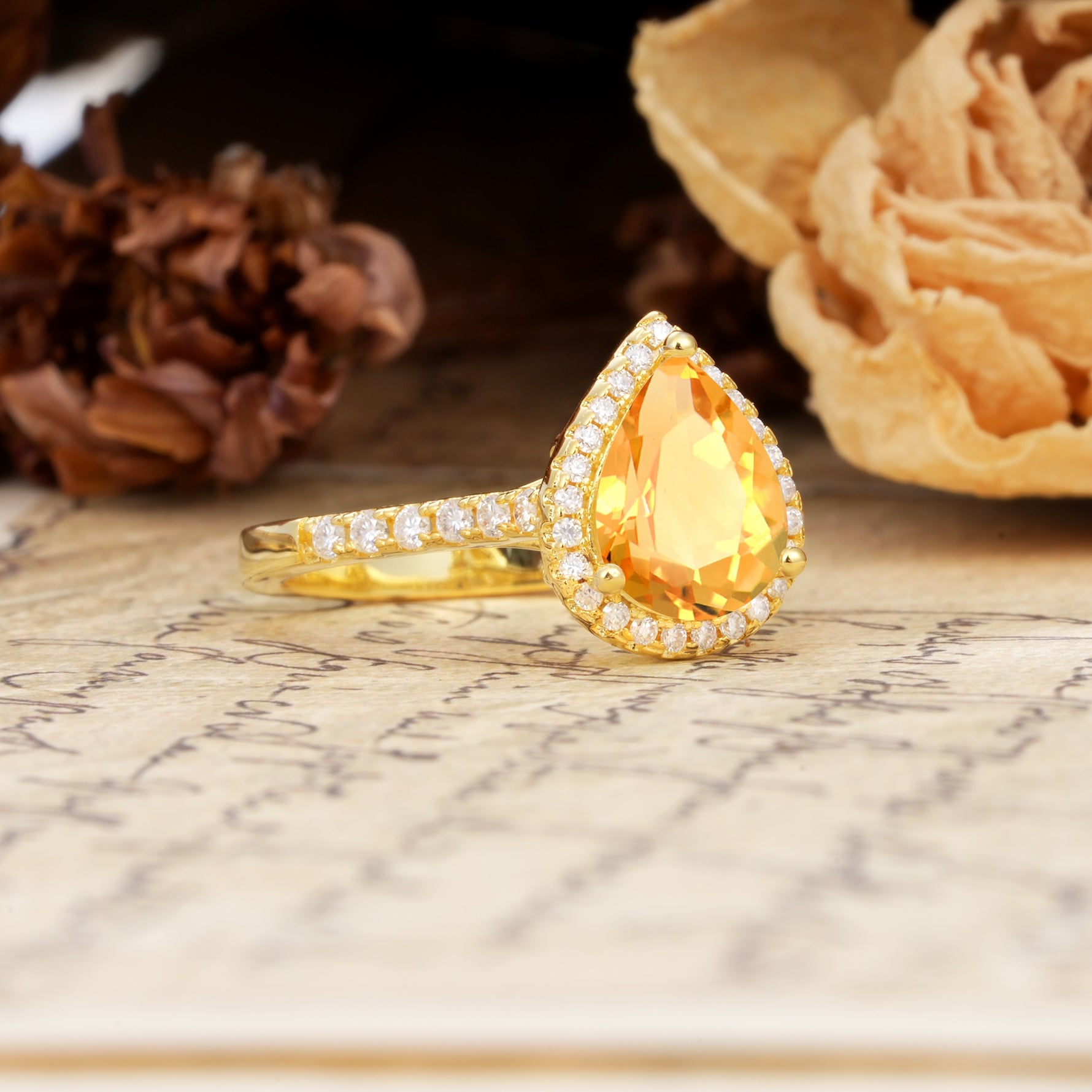 Vintage-Luxury 3-Prong Pear-Cut with Pavé Accents Citrine Engagement Ring - Additional view