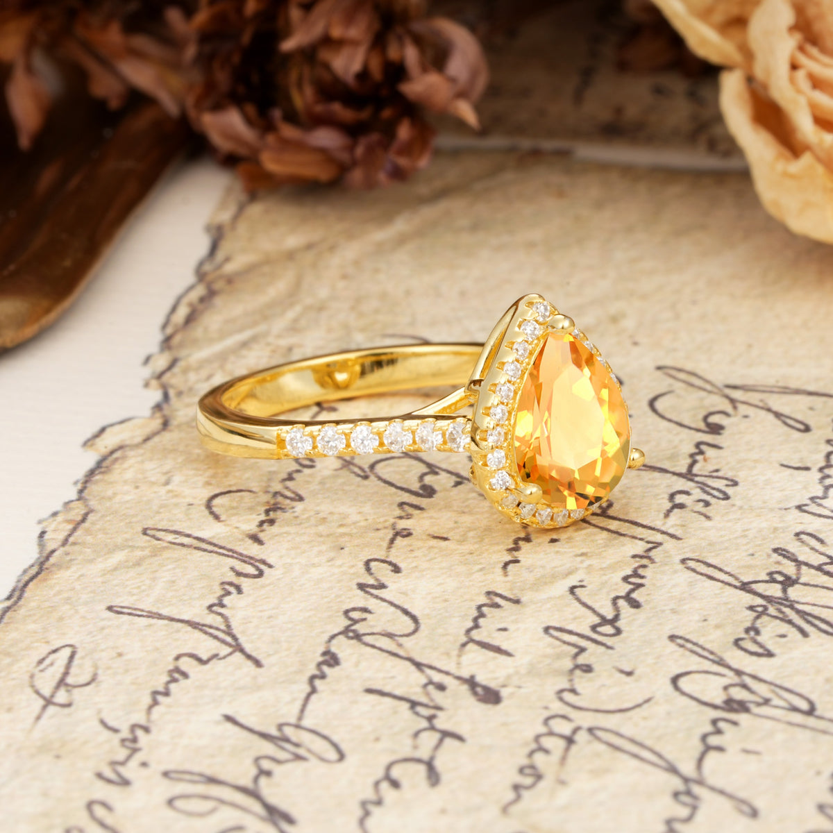 Vintage-Luxury 3-Prong Pear-Cut with Pavé Accents Citrine Engagement Ring - Additional view