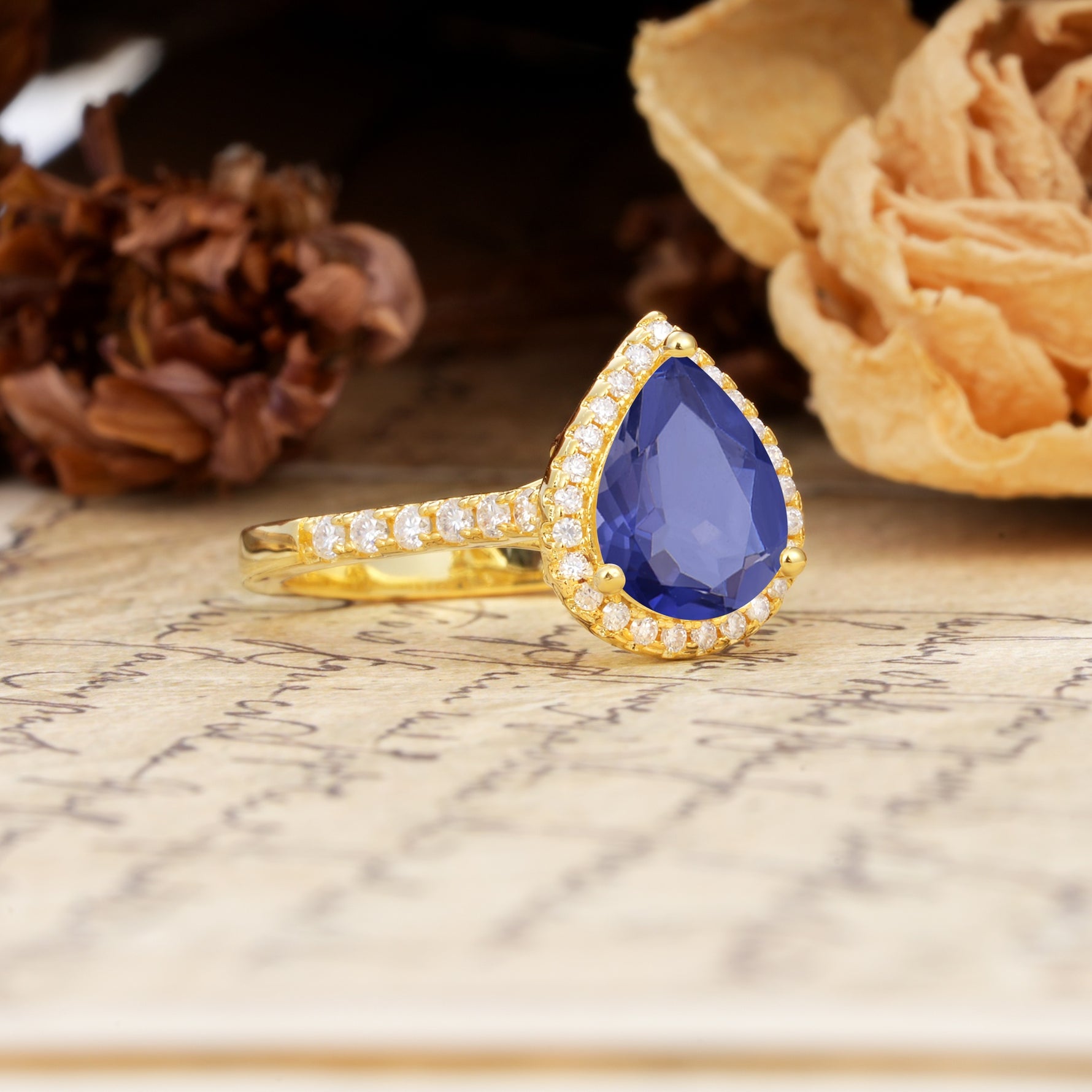 Vintage-Luxury 3-Prong Pear-Cut with Pavé Accents Tanzanite Engagement Ring - Additional view
