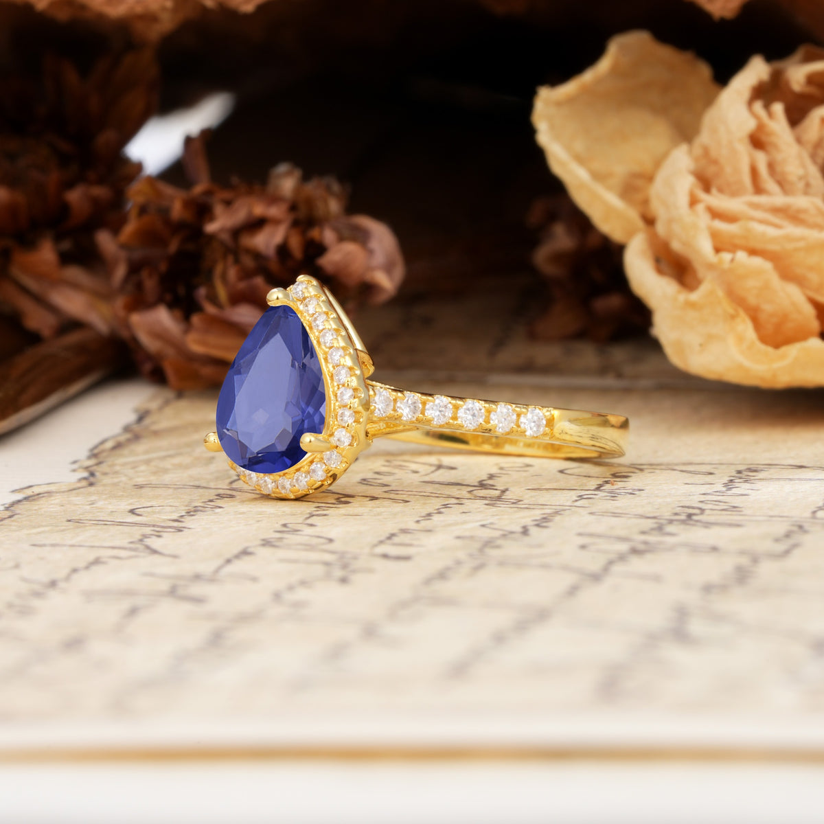 Vintage-Luxury 3-Prong Pear-Cut with Pavé Accents Tanzanite Engagement Ring - Additional view