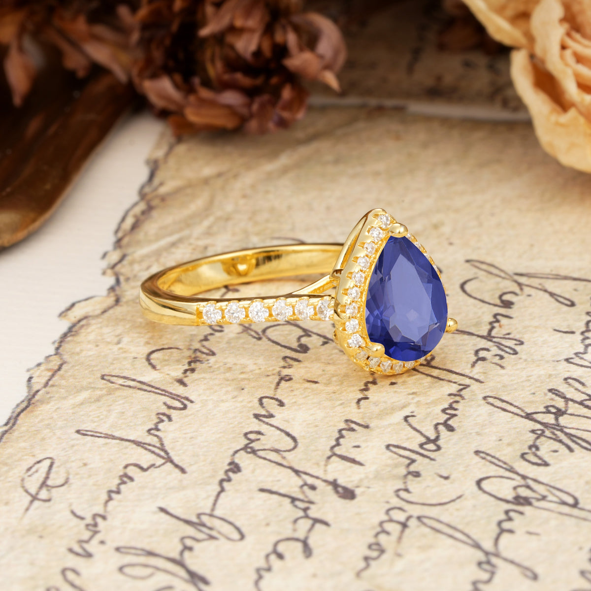 Vintage-Luxury 3-Prong Pear-Cut with Pavé Accents Tanzanite Engagement Ring - Additional view