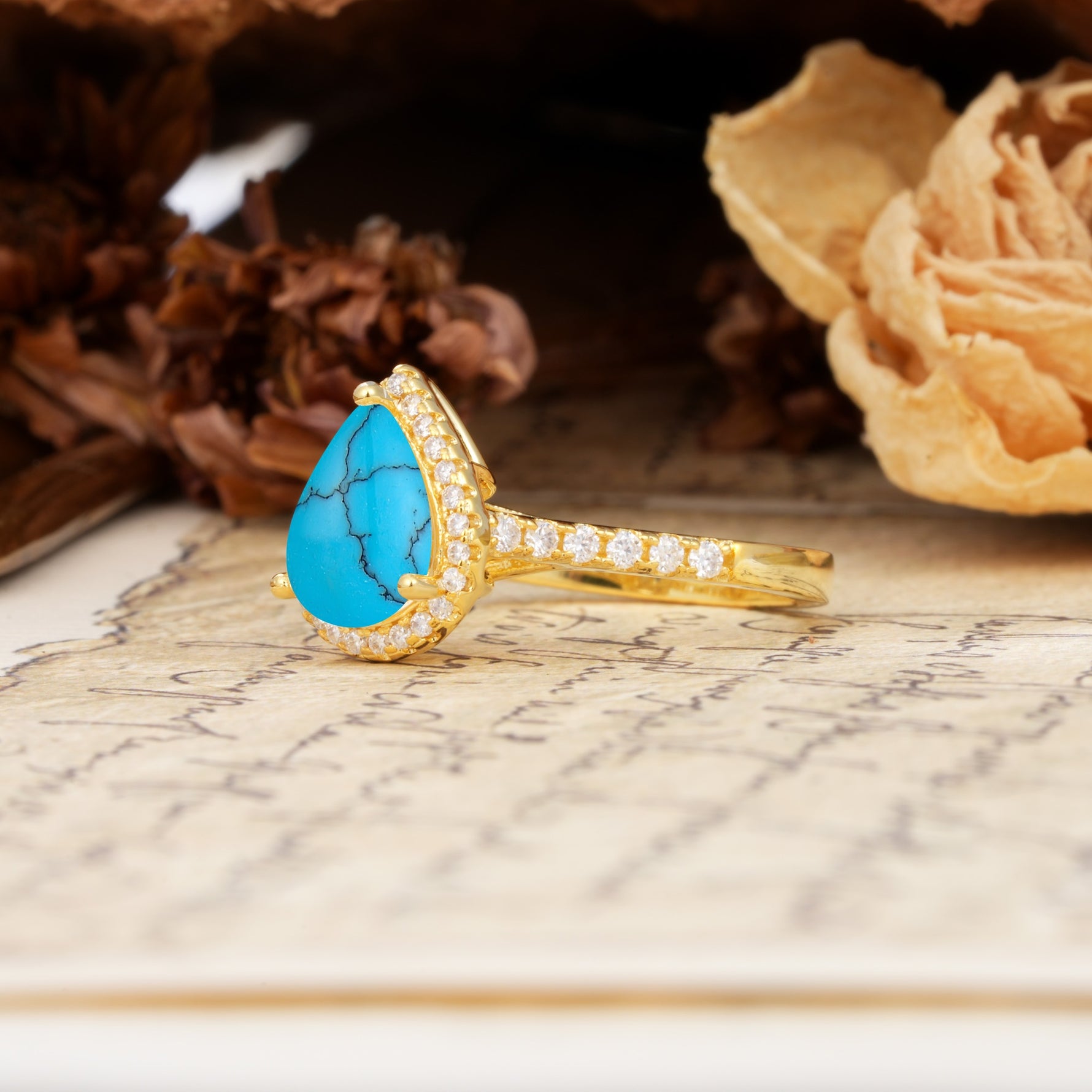 Vintage-Luxury 3-Prong Pear-Cut with Pavé Accents Turquoise Engagement Ring - Additional view