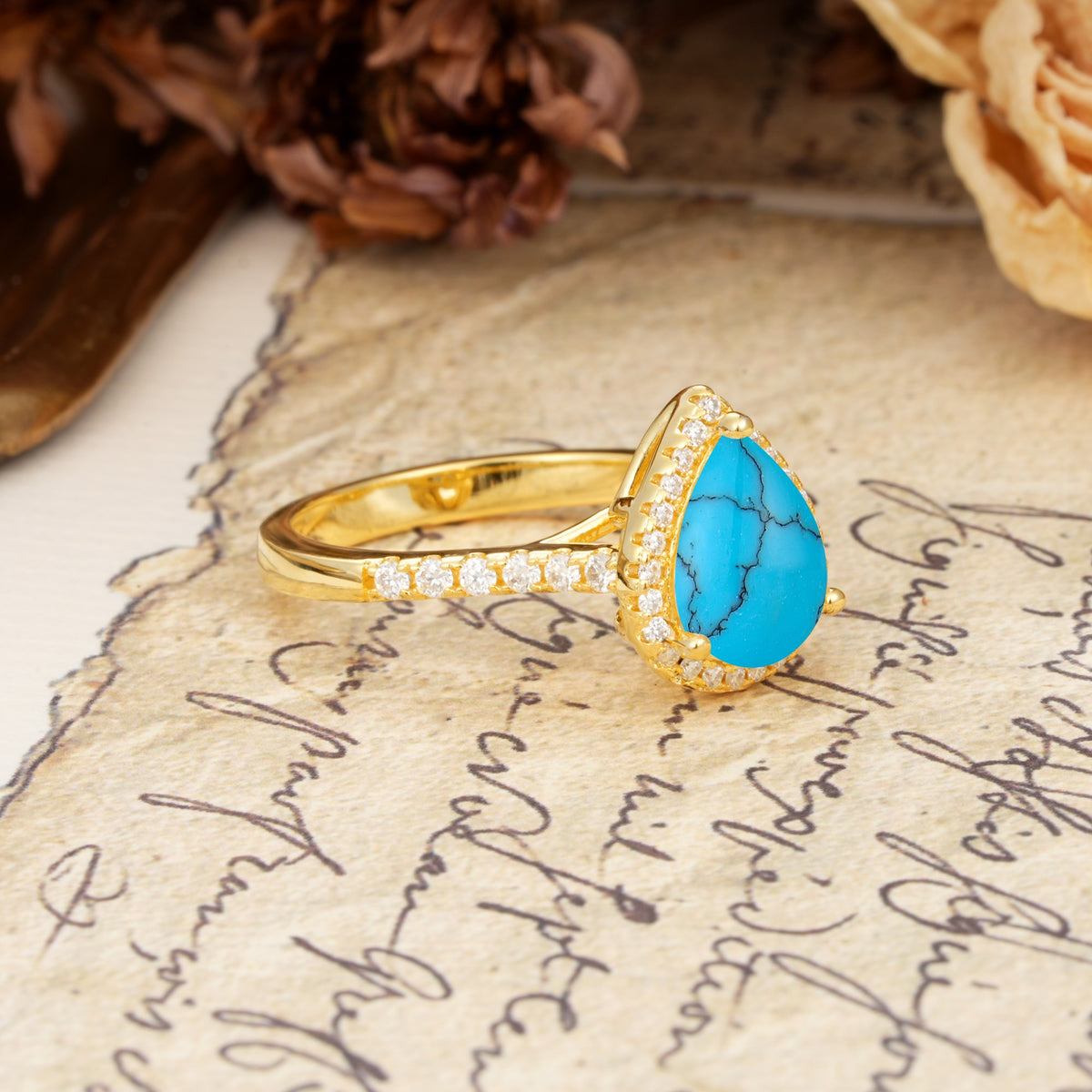 Vintage-Luxury 3-Prong Pear-Cut with Pavé Accents Turquoise Engagement Ring - Additional view
