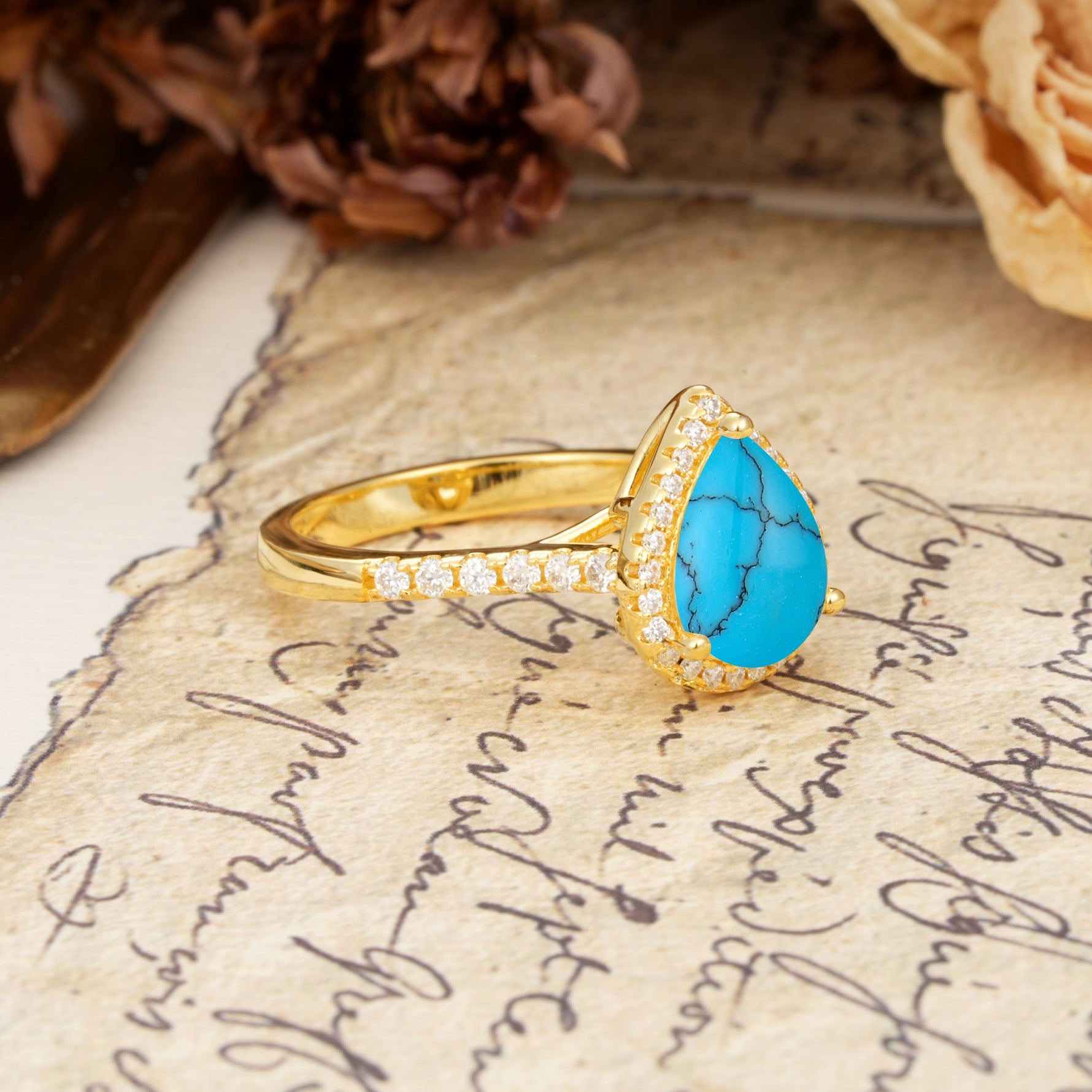Vintage-Luxury 3-Prong Pear-Cut with Pavé Accents Turquoise Engagement Ring - Additional view
