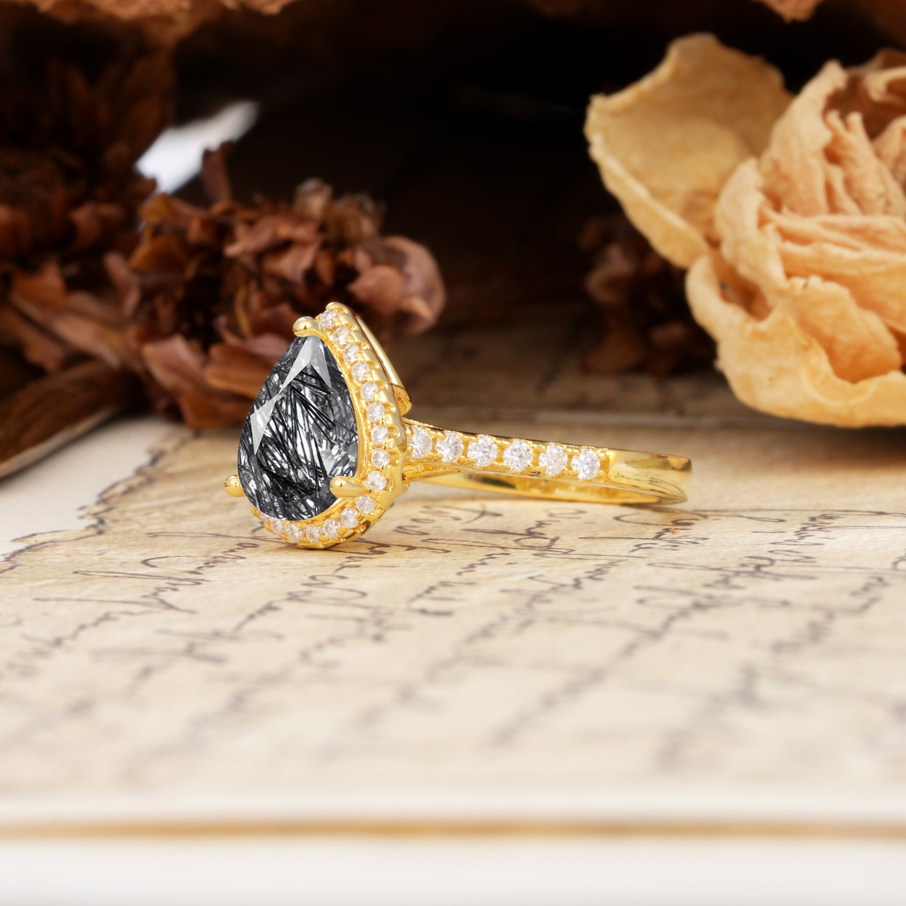 Vintage-Luxury 3-Prong Pear-Cut with Pavé Accents Black Rutilated Quartz Engagement Ring - Additional view