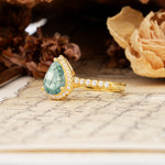 Vintage-Luxury 3-Prong Pear-Cut with Pavé Accents Moss Agate Engagement Ring - Additional view