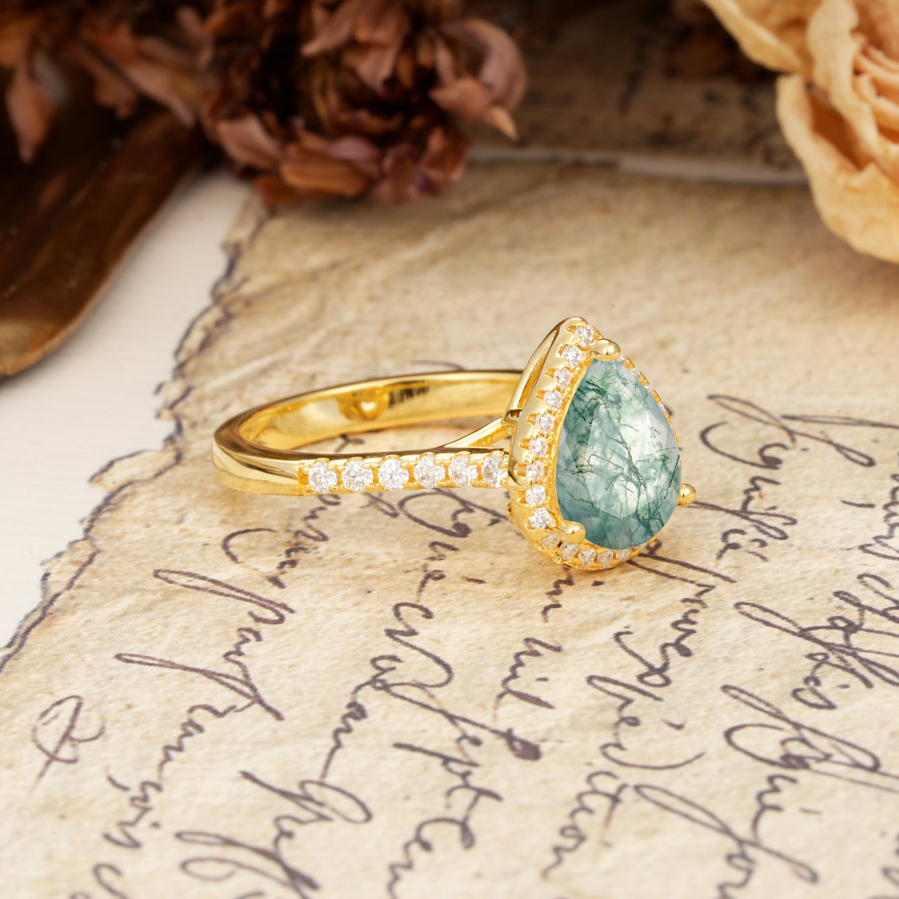 Vintage-Luxury 3-Prong Pear-Cut with Pavé Accents Moss Agate Engagement Ring - Additional view