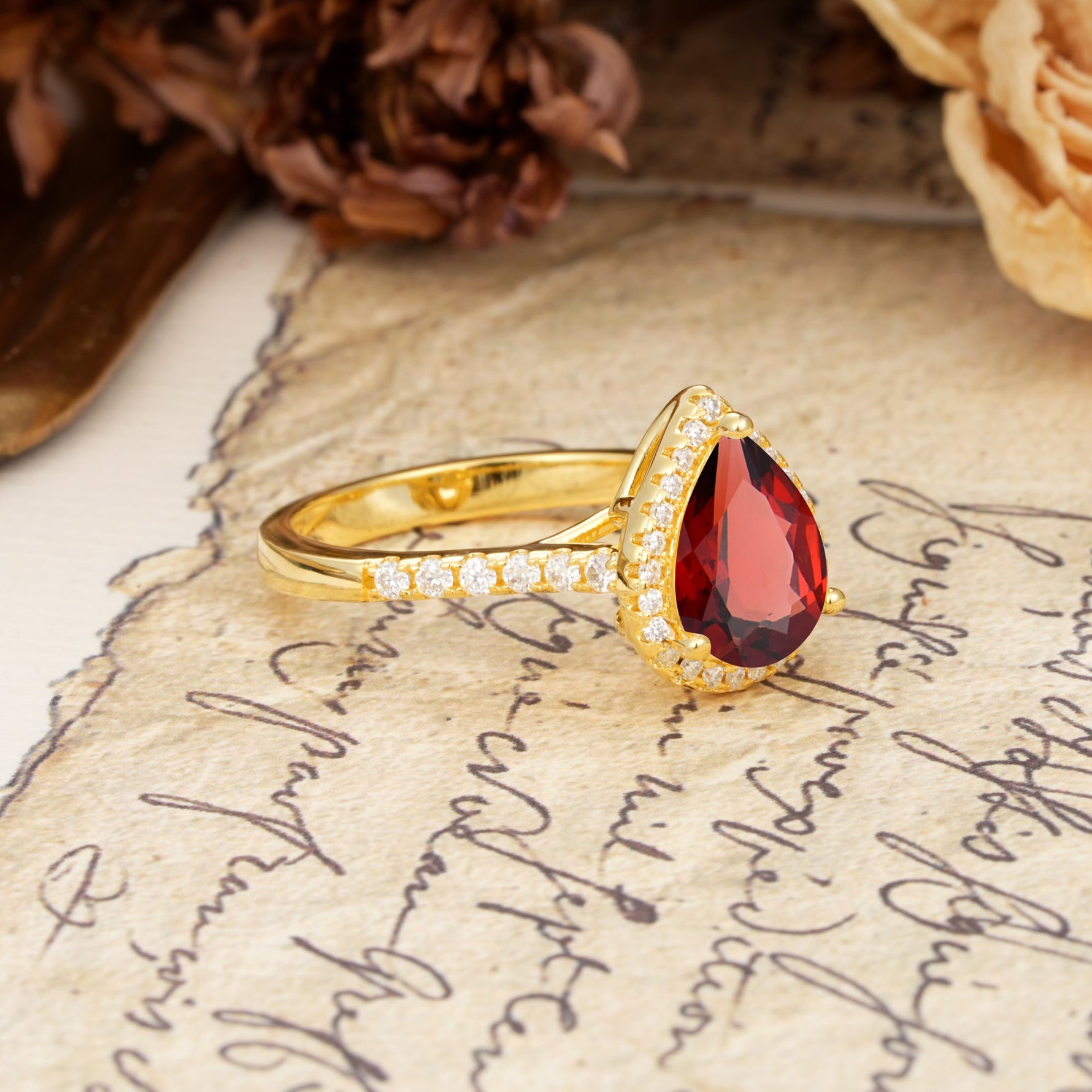 Vintage-Luxury 3-Prong Pear-Cut with Pavé Accents Garnet Engagement Ring - Additional view