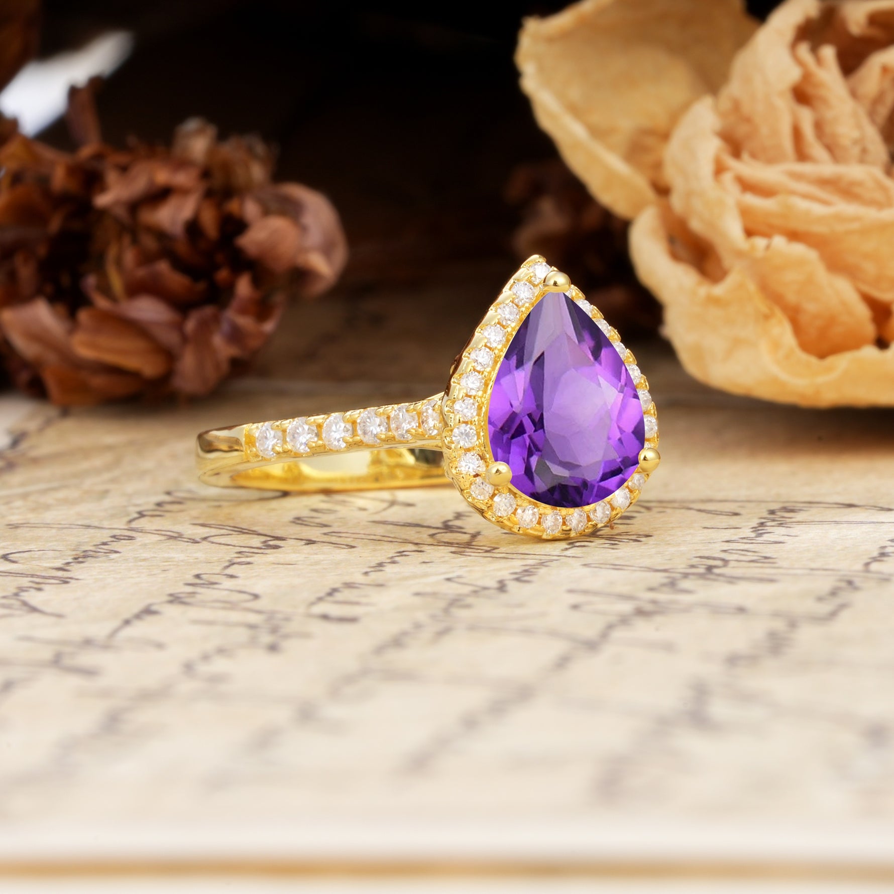 Vintage-Luxury 3-Prong Pear-Cut with Pavé Accents Amethyst Engagement Ring - Additional view