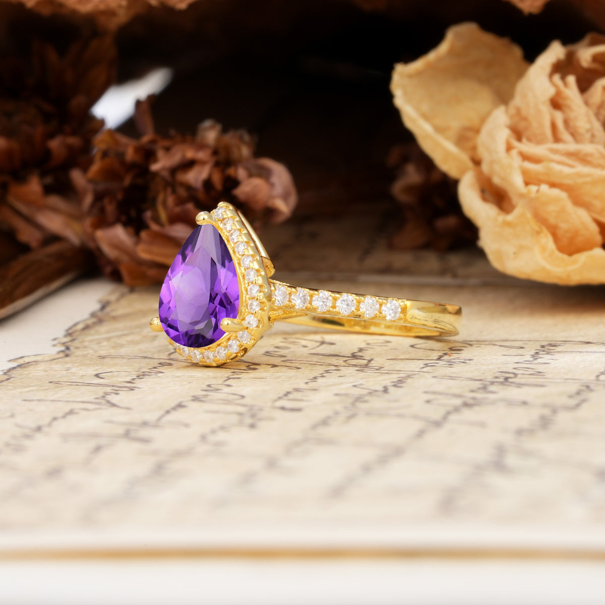 Vintage-Luxury 3-Prong Pear-Cut with Pavé Accents Amethyst Engagement Ring - Additional view
