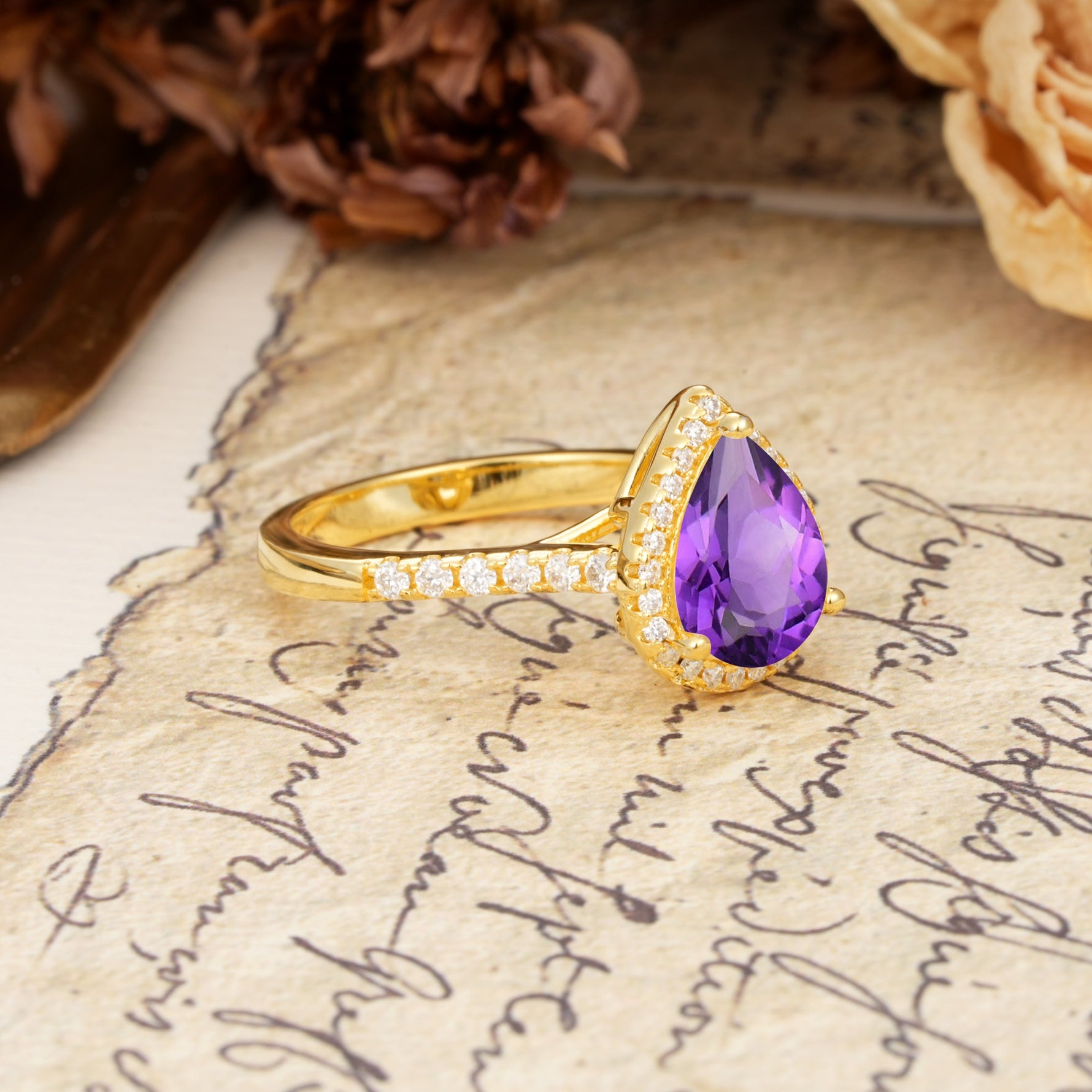 Vintage-Luxury 3-Prong Pear-Cut with Pavé Accents Amethyst Engagement Ring - Additional view